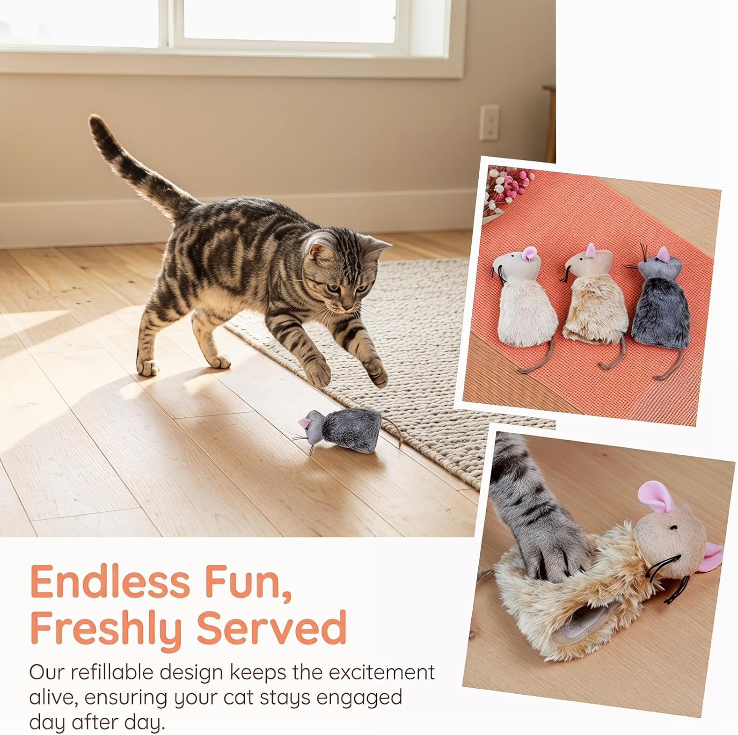 Ipetboom Refillable Catnip Toys for Cats - 3 Pack Interactive Cat Chew Toys for Indoor with Natural Long Fur and Jute Tail, Durable Plush Mouse Pet Fun Tool for Hunting and Boredom Relief