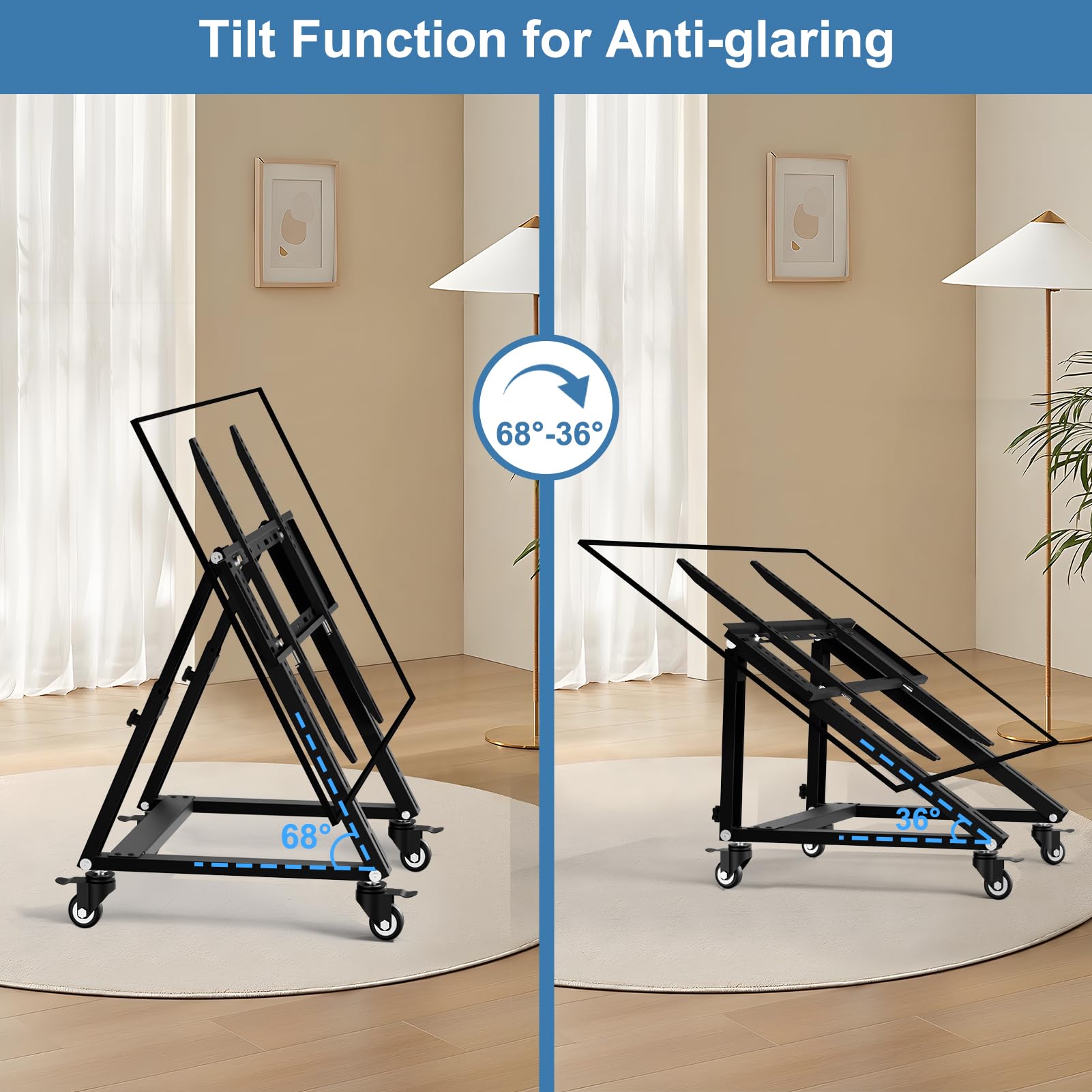 Support TV mobile à faible hauteur, support TV bas avec roulettes pour TV de 26 à 65 pouces, hauteur réglable, angle de vision réglable de 36° à 68°, max 50 kg, VESA 600×500, support moniteur