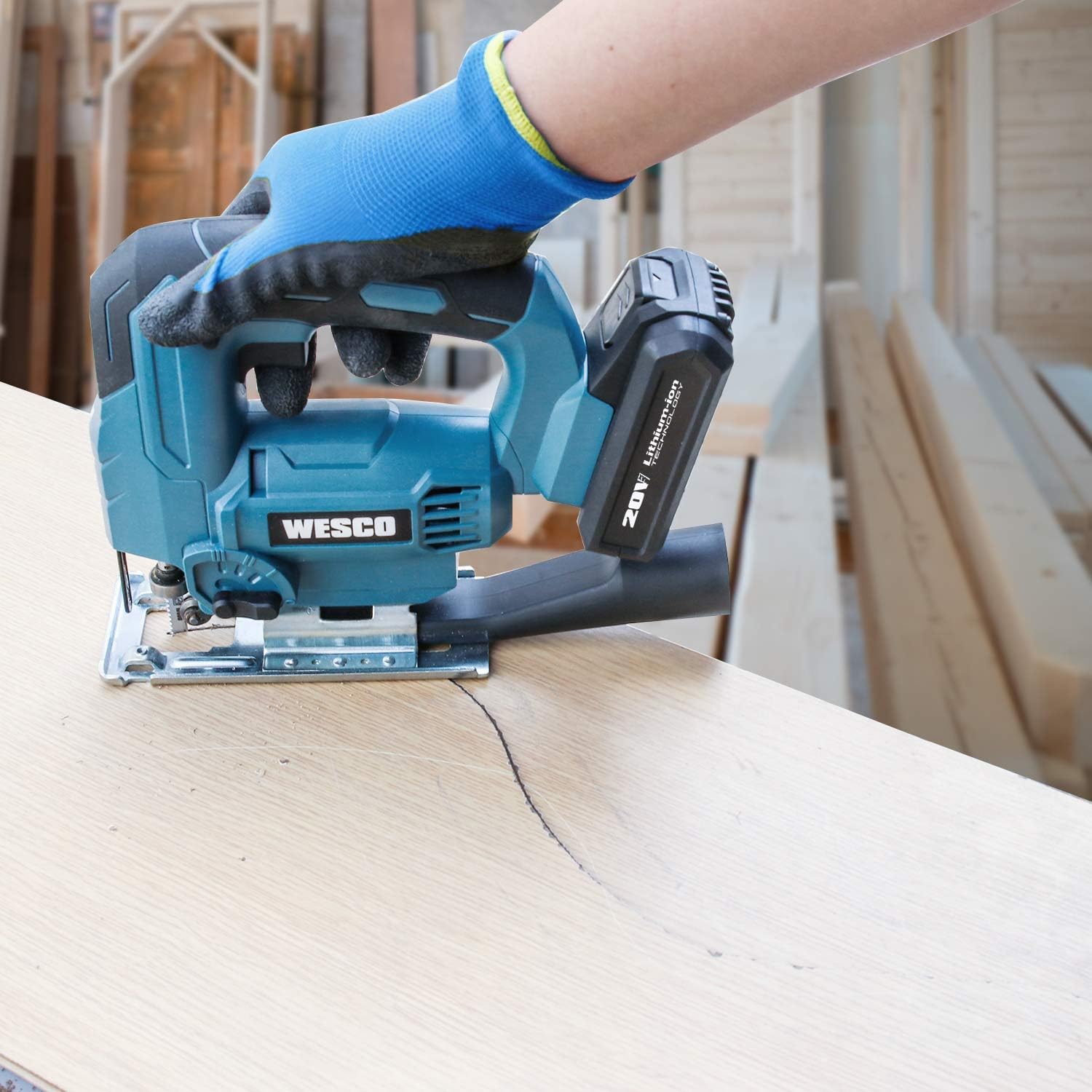 Uр Tо 40% оƒƒ Cordless Jigsaw Tool, WESCO 20V 2.0A Jig Saw with Battery and Charger, 2500SPM, 45° Bevel Cutting, Adjustable Aluminum Base, 4 Orbital Setting for Woodworking (Dust Adapter/10pcs Saw Blade) WS2305U