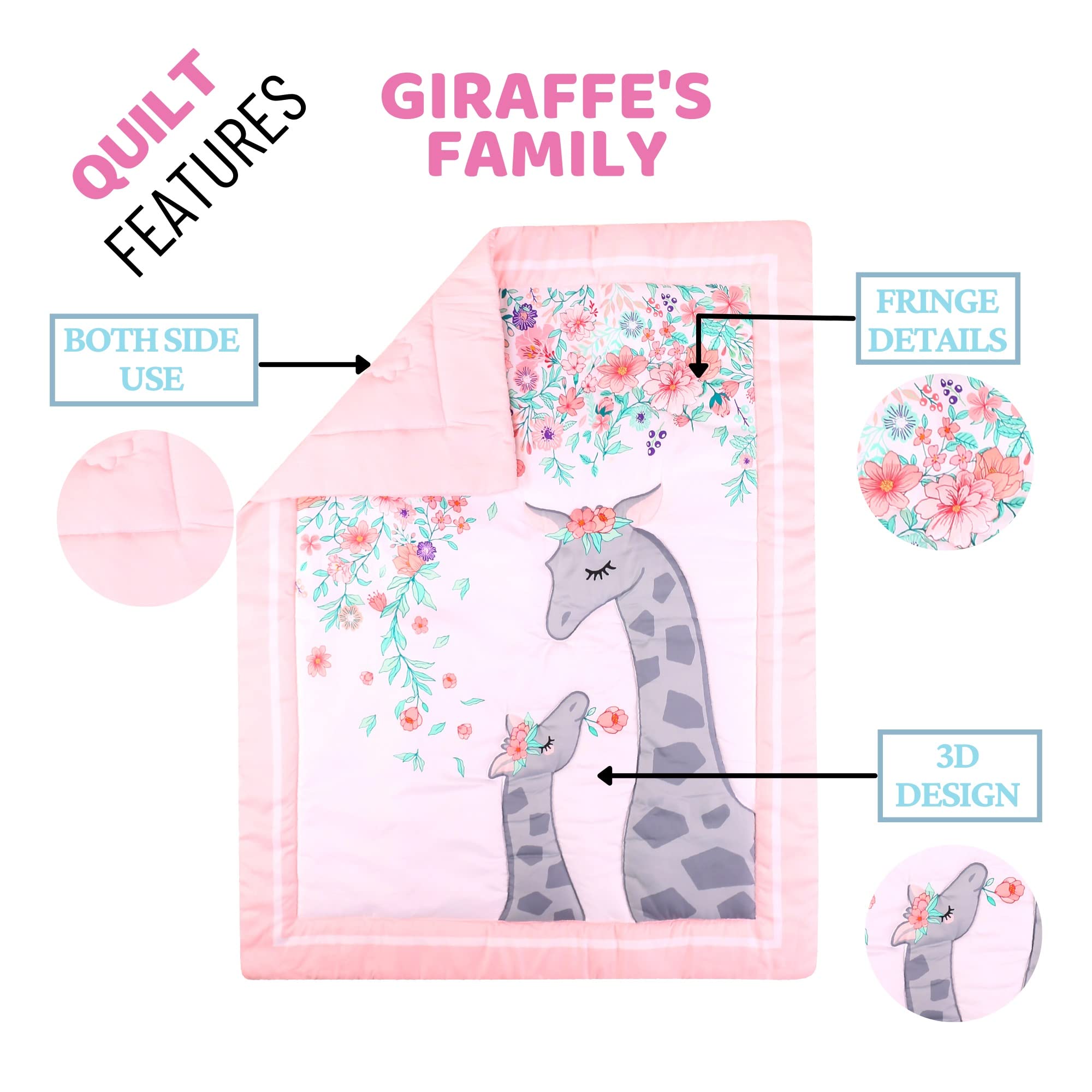 Baby Bees Juego de ropa de cama de cuna familiar de jirafa de 4 piezas para niños y niñas, juego de ropa de cama de bebé de 2 sábanas de cuna, edredón, volantes antipolvo para cuna de tamaño estándar