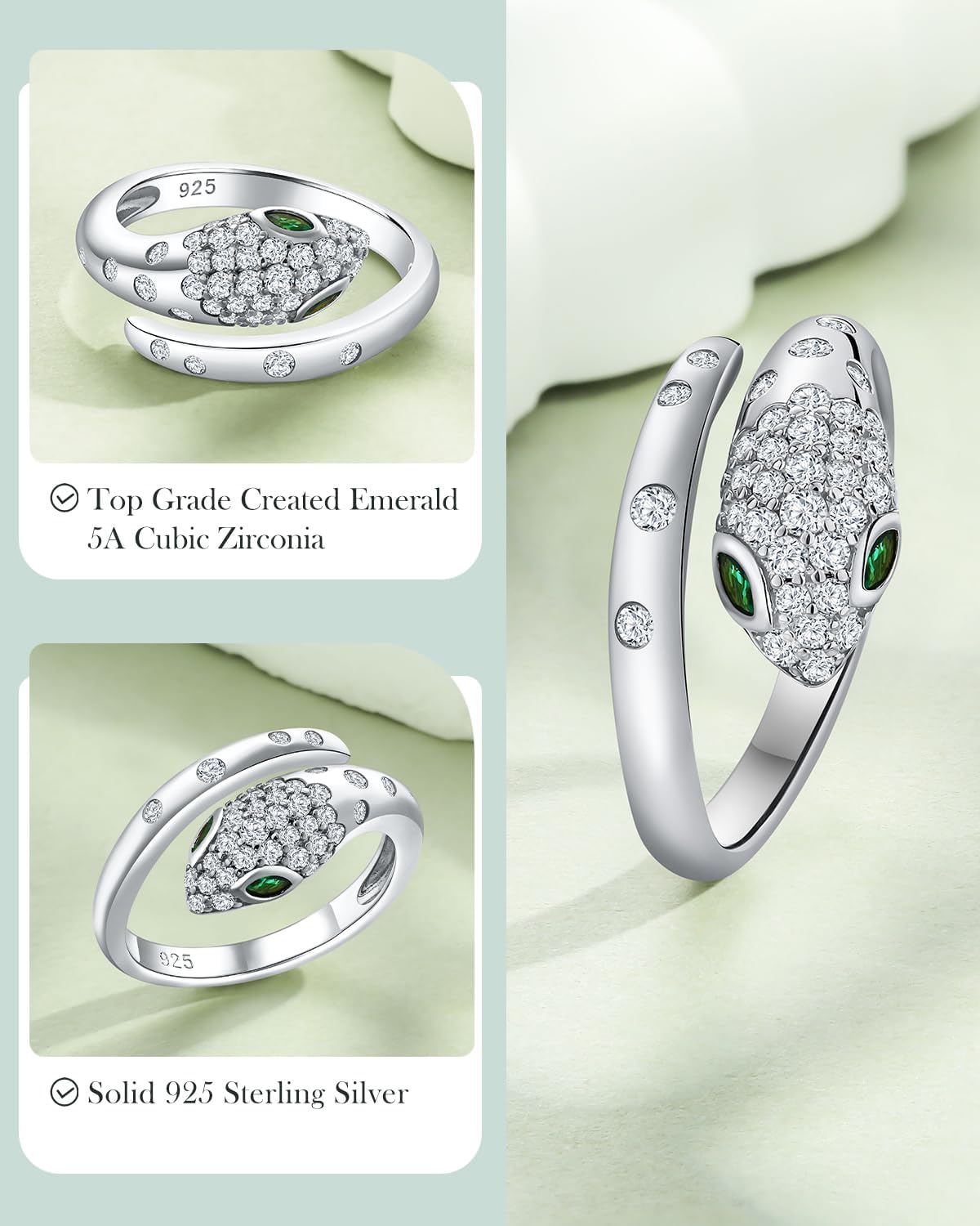 Fashion Snake Ring for Women 14K Gold Plated/925 Sterling Silver Created Emerald Statement Open Design Rings 6-10 Size Cocktail Party Birthday Jewelry - Image 3