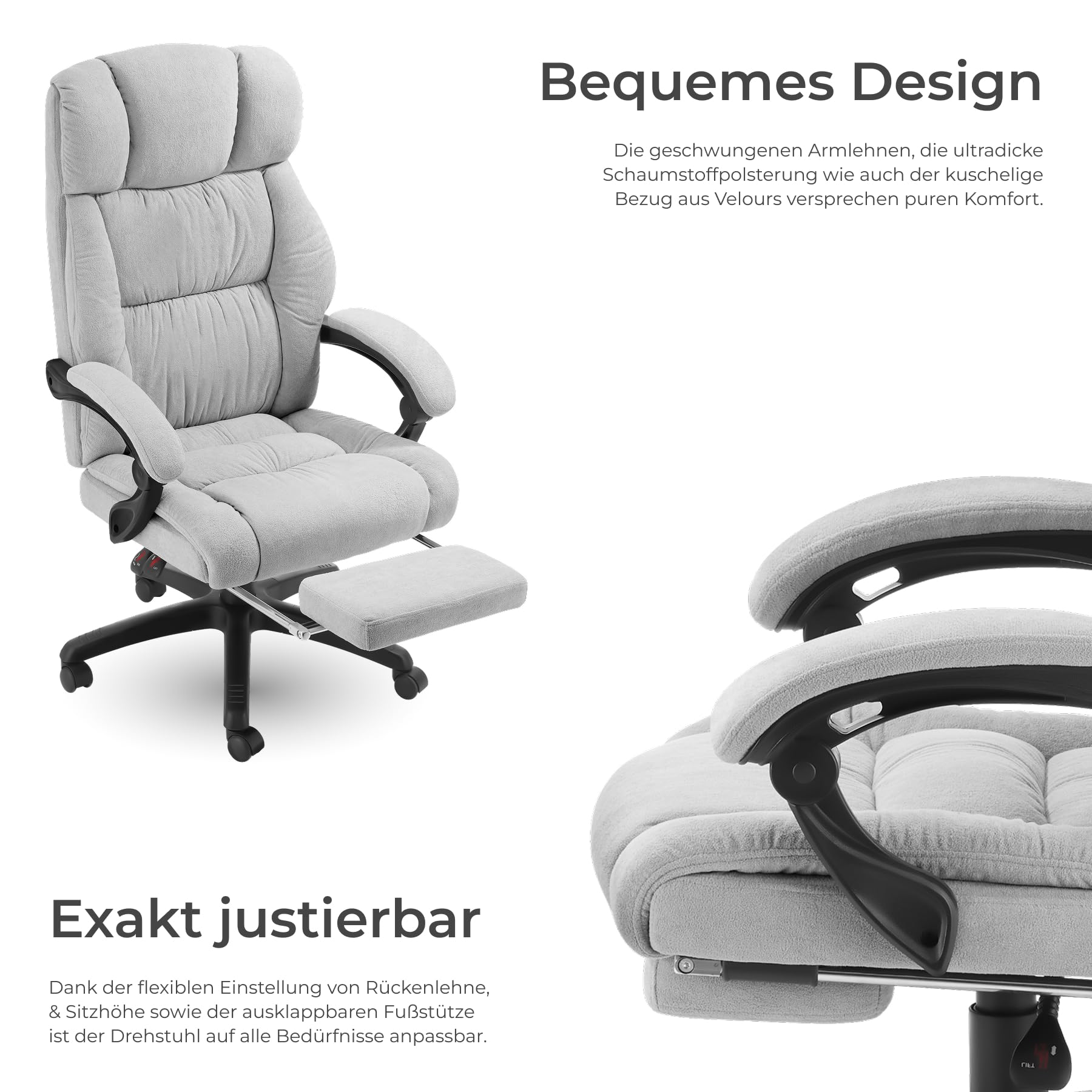 tectake® Bürostuhl ergonomisch, Velour Drehstuhl, Bürostuhl mit Fußstütze, Chefsessel Schreibtischstuhl, Sessel, Gaming Stuhl, Office Chair Ergonomic, Gaming Chair - grau