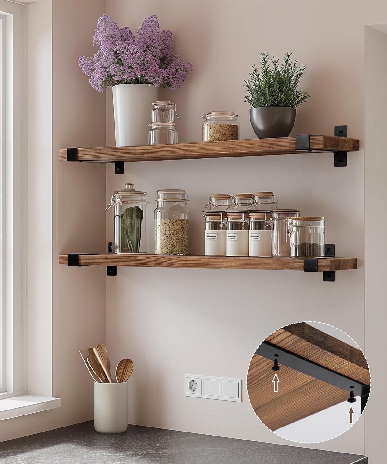 Gronda Estantería de Pared Larga, Baldas de Madera Marrón con Soporte Metal | 60cm Estantes de Pared Juego de 2, Repisa, Almacenaje, Decoración, Balda Flotante para Fotos, Plantas, para Salón