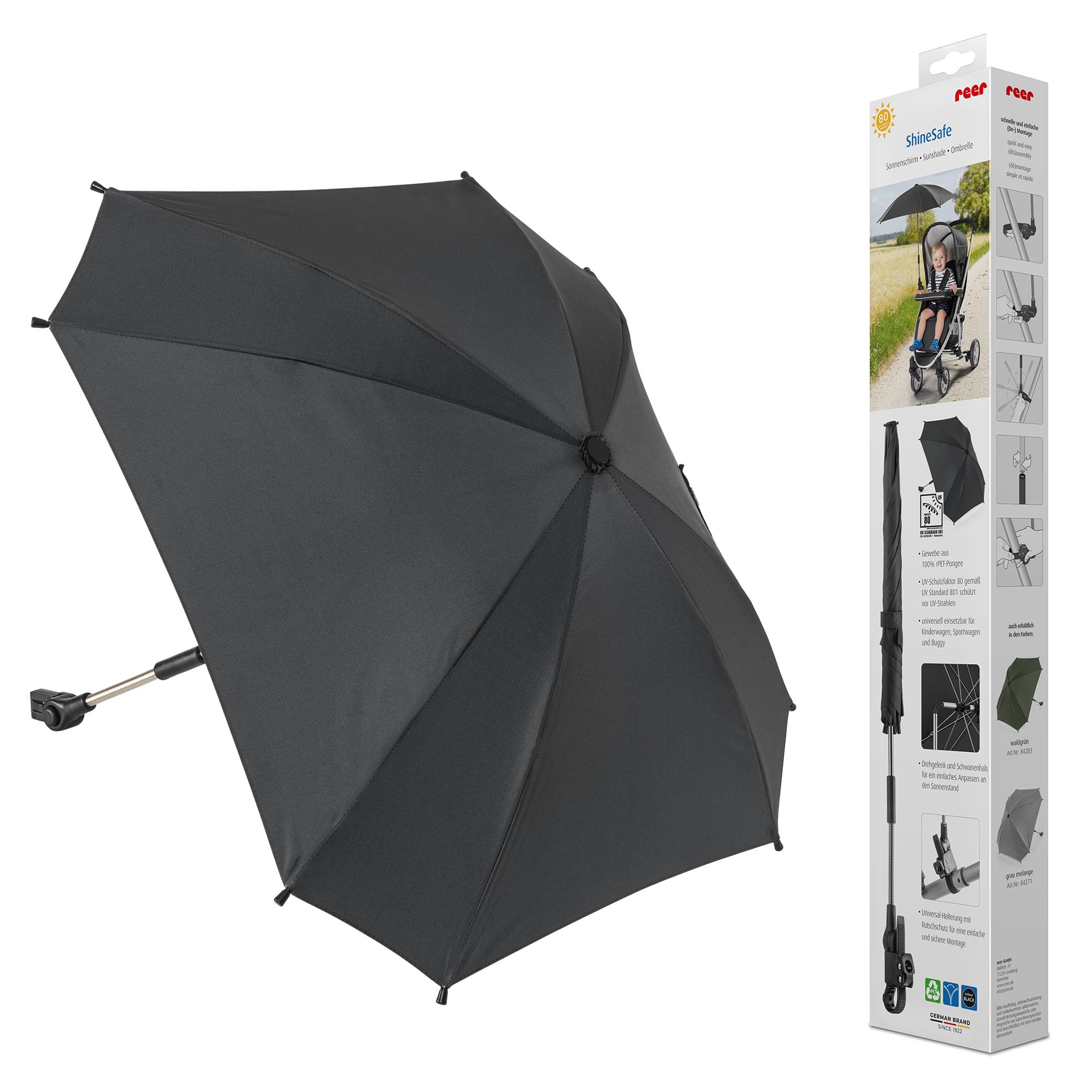 reer ShineSafe Kinderwagen-Sonnenschirm | UV-Schutz (UPF 80+) | universal passend für Kombi- & Sportwagen | Sonnenschutz mit Drehgelenk | aus 100% rPET-Pongee | Einfache Anbringung | Schwarz