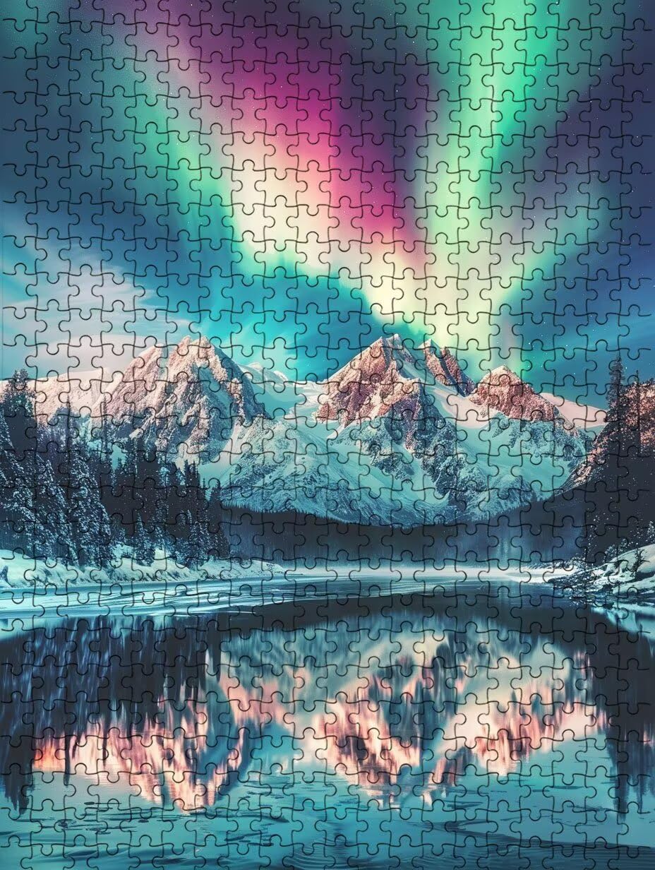 Zorza śnieżnych gór puzzle 1000 elementów, puzzle dla dorosłych 1000, niemożliwe klasyczne układanki, gra rodzinna, drewniane układanki, do gry edukacyjnej wyzwania, dekoracja ścienna prezent