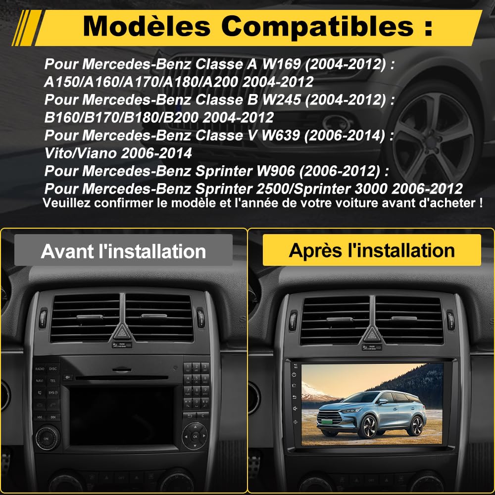 AWESAFE [6Go+128Go] Autoradio Android 15 pour Mercedes-Benz Vito Viano Sprinter W639/Classe B W245 W169 avec 4G Carplay 9 Pouces Écran Tacile avec GPS Android Auto/WiFi/RDS/FM/SWC/Aide au Parking