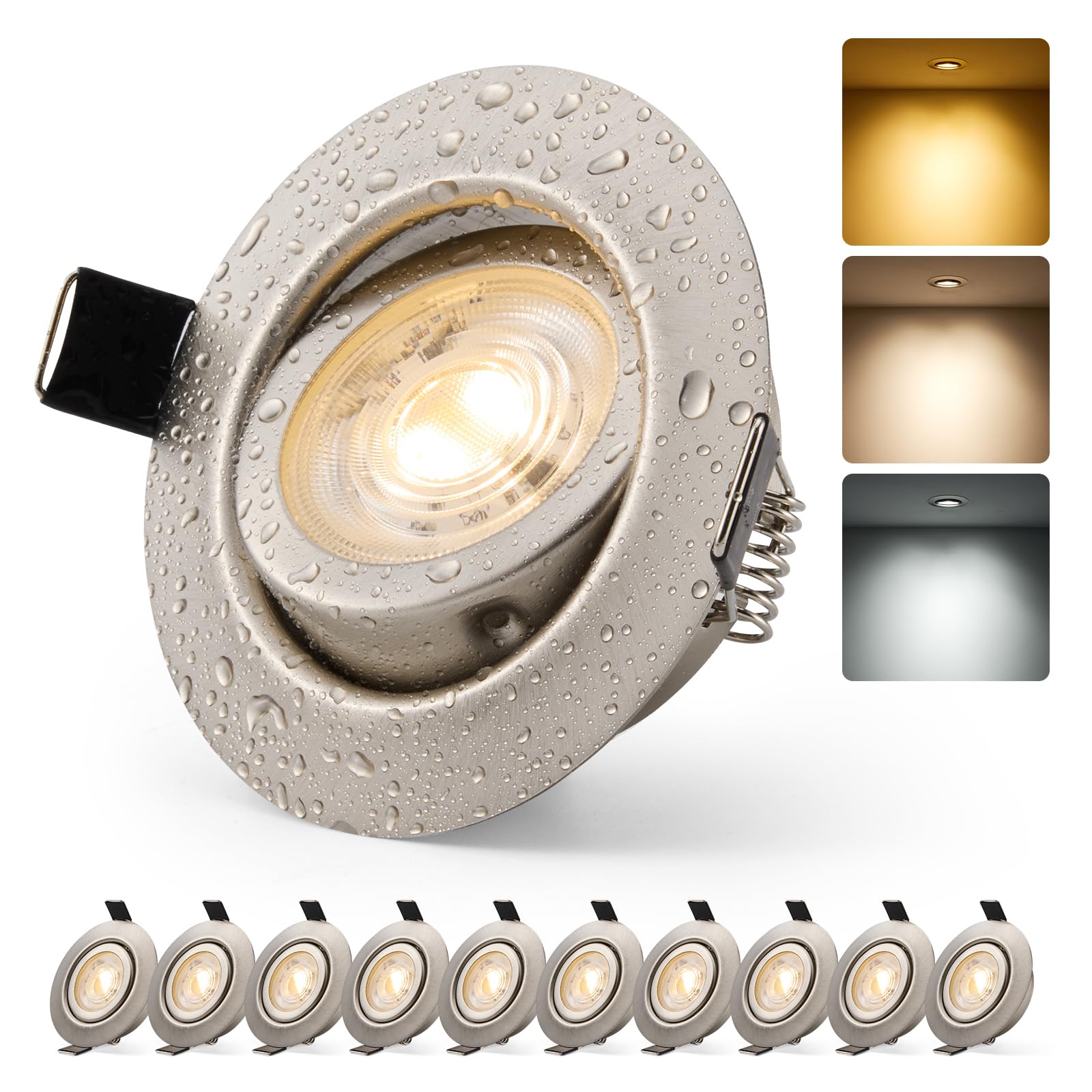 HOMEOW Led Einbaustrahler Spots 230v Dimmbar Flach Einbauspot Nickel Deckenspots für Bad, Einbauleuchte 68mm - 80mm Deckeneinbaustrahler Schwenkbar IP44 6W Warmweiß Neutralweiß Kaltweiß, 10er Set