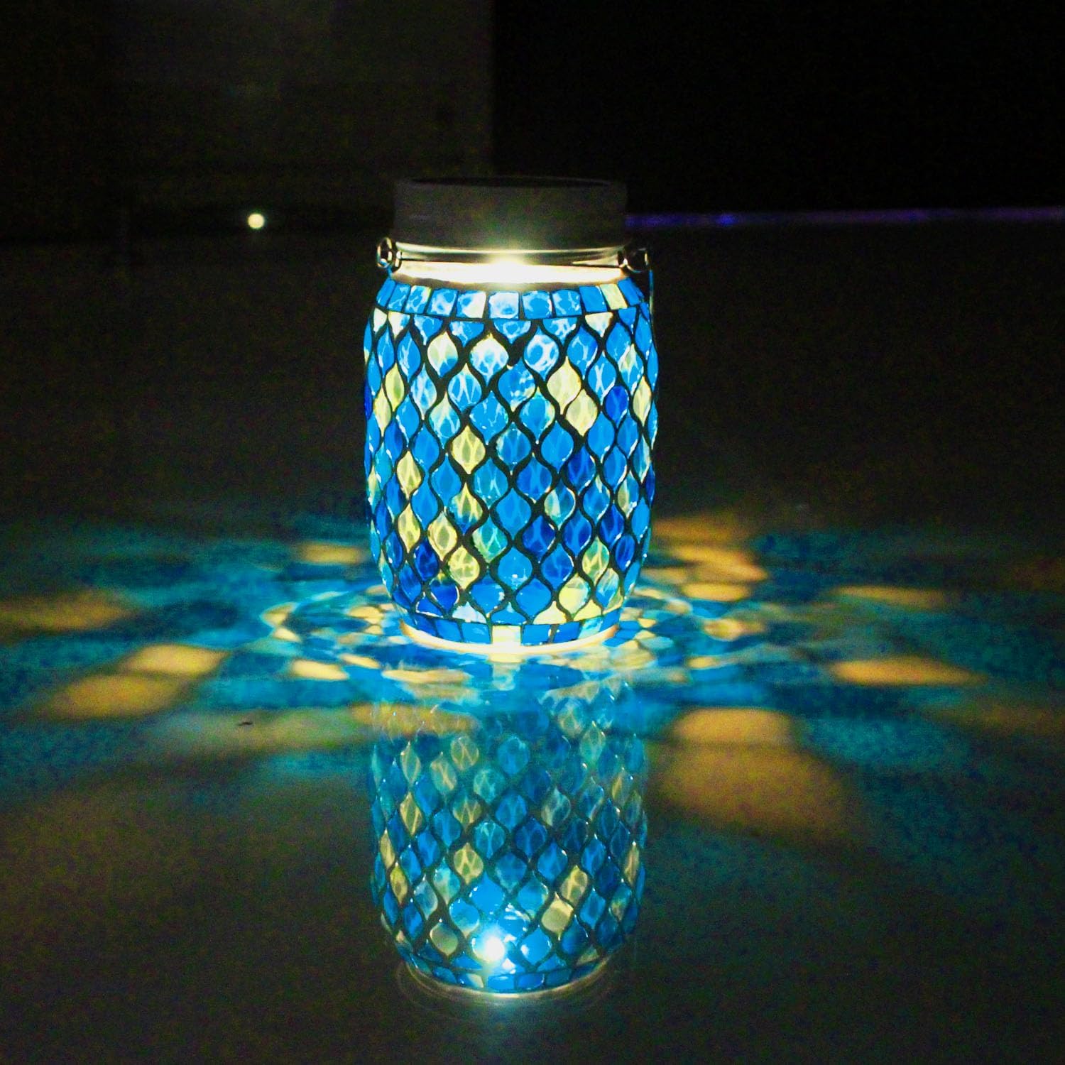 Solar Mosaic Lights - 12 Color Changing LED, 4 Lighting Modes with Remote Control, Handcrafted Glass Decor Lanterns, Hanging or Tabletop Decor for Garden (Bule)