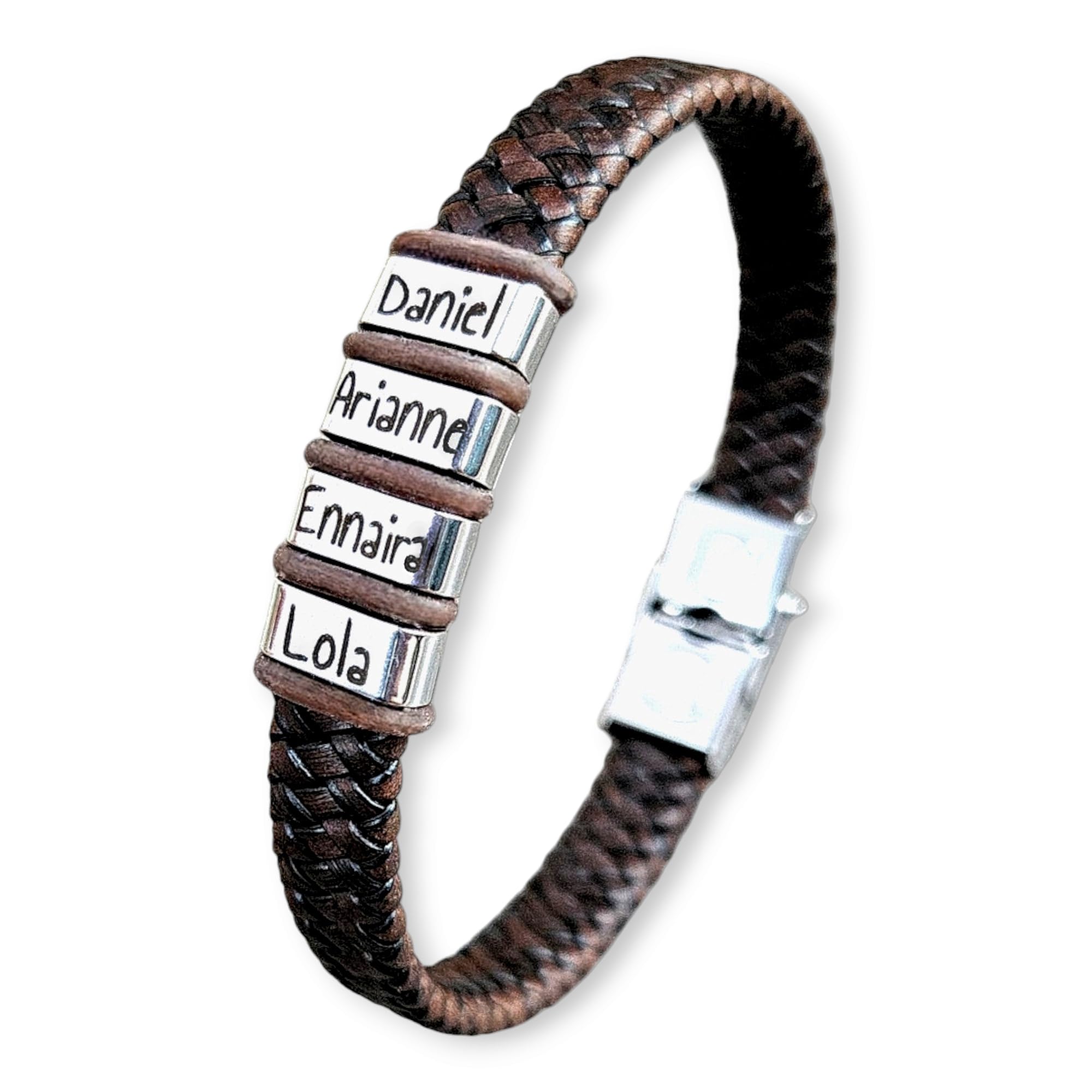 Pulsera con nombres personalizada, MODELO TALY para todas las tallas, ajustable, acero inoxidable. (19, Marrón)