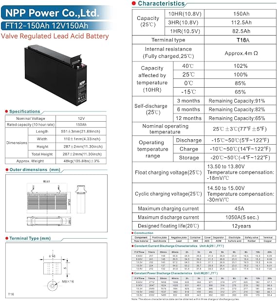 NPP FT12-150Ah (4 Pcs) 12V 150Ah Front Access AGM Deep Cycle SLA Battery | The Ultimate Battery You Can Finally Feel Confident | for Telecommunication System, UPS and Off-Grid Solar System