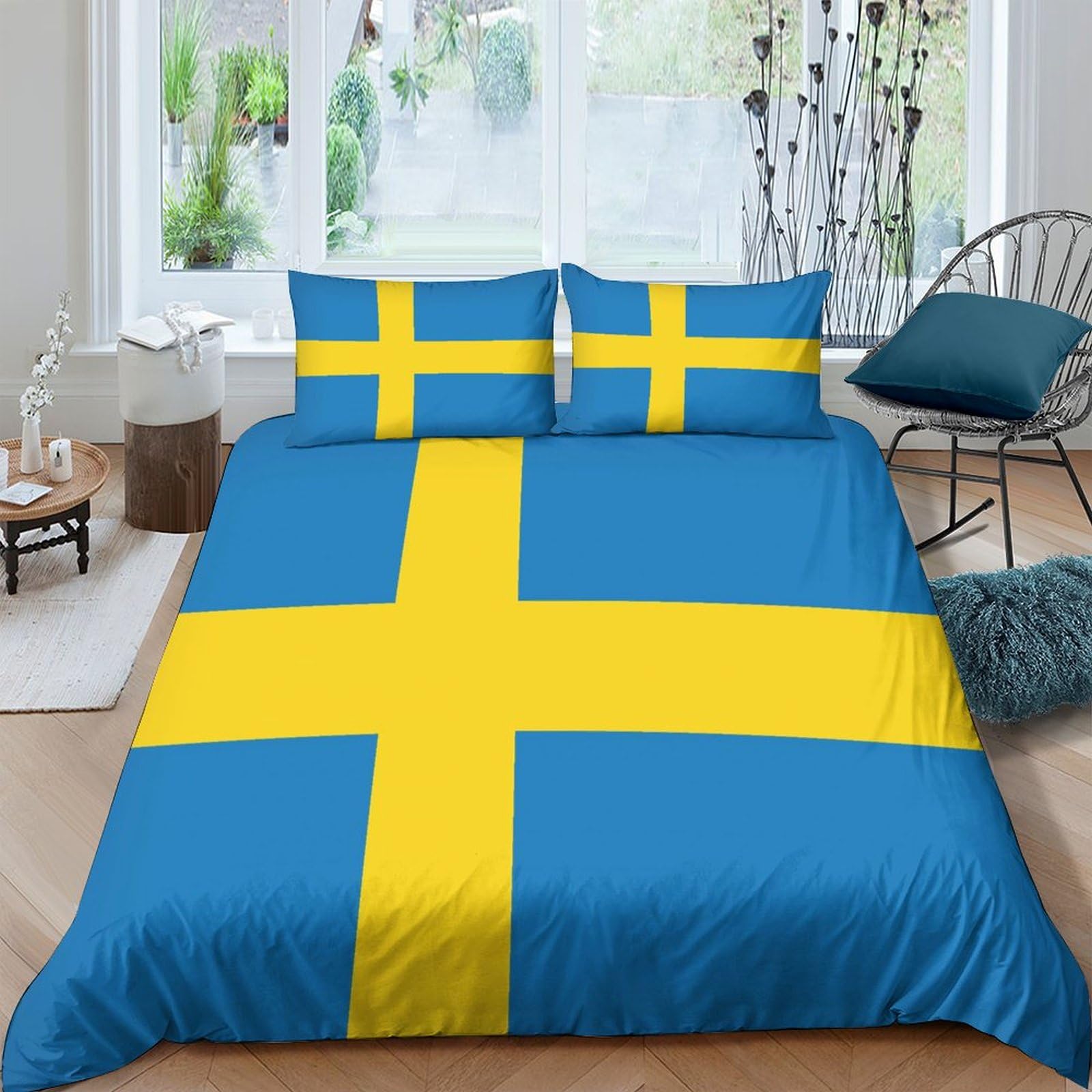 AAHARYA Flag of Sweden Duvet Cover, 3D Quilt Cover with Pillowcases, 100% Microfibre,National Flag Theme Bedding Set for Children Kids Adults King（220x240cm）
