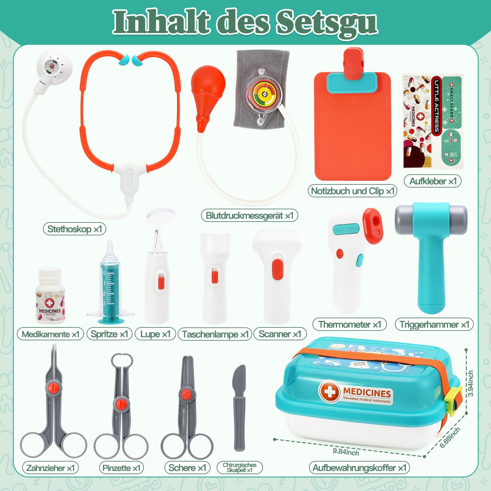 VBACALA Arztkoffer Kinder ab 3 Jahre 17-teiliges Doktorkoffer Set mit echtem Stethoskop, Spritze, Thermometer, Arzttasche , Zahnarzt Rollenspiel Spielzeug Geschenk für Jungen und Mädchen ab 3 Jahren