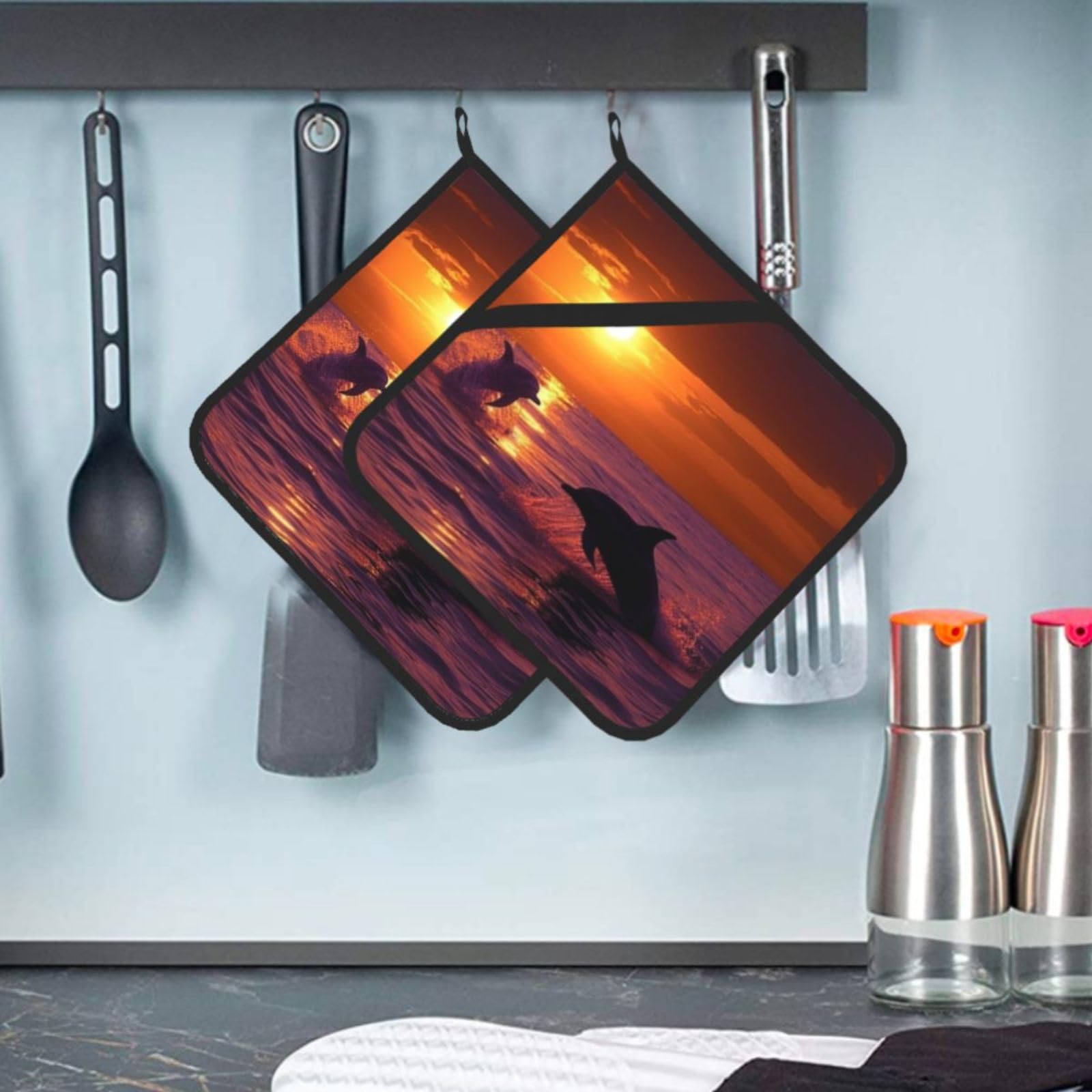 2 Pcs Pot Holders for Kitchen Heat Resistant Cotton Potholers Sunset Dolphins Oven Hot Pads for Microwave Cooking Baking BBQ