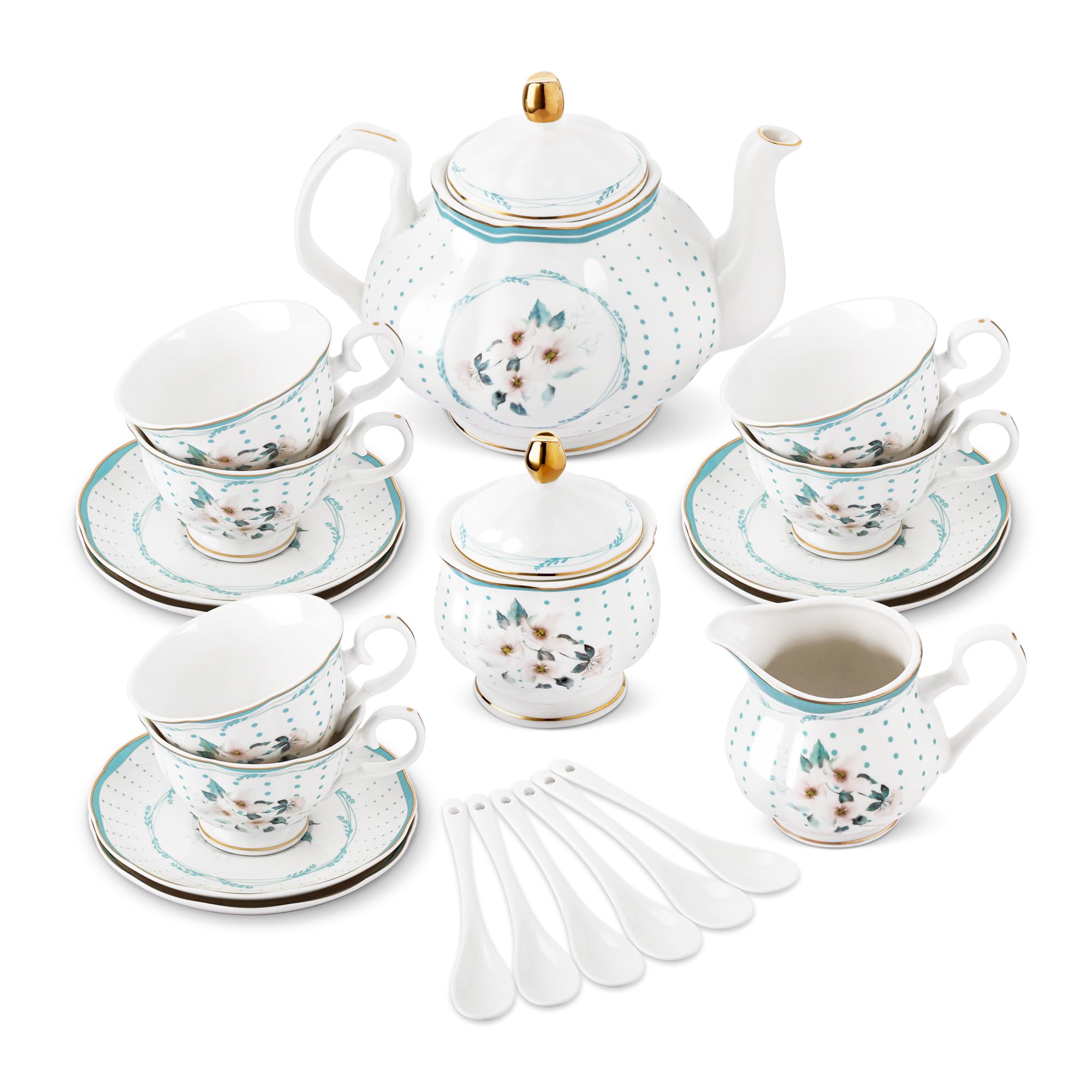 fanquare Green Flowers Tea Set, 21 Pieces British Bone China Tea Pot Set