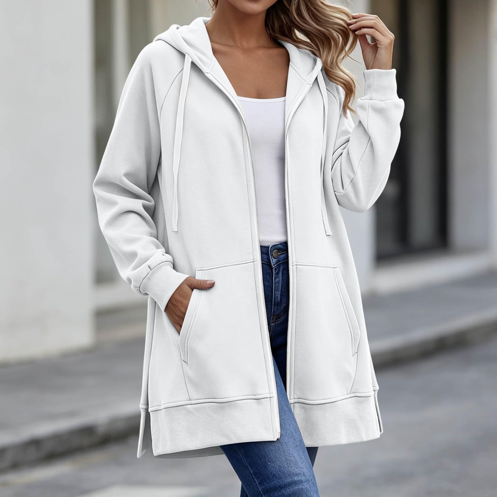 AEGJEGVD Hoodie Femme Long Zippé Coupe Ample Manches Longues