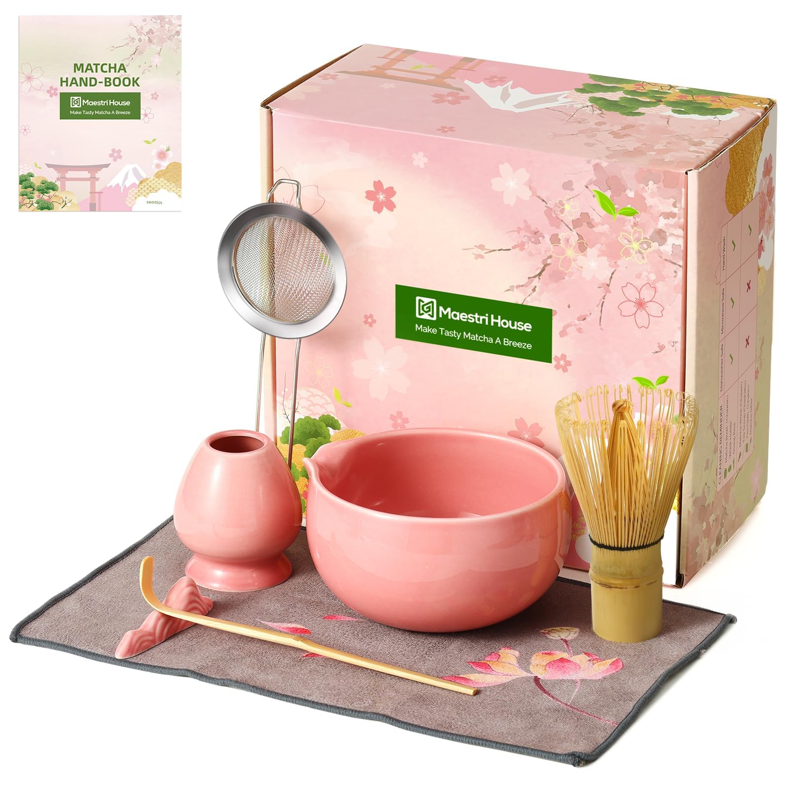 Maestri House Matcha Whisk Set, 7 Pcs of Ceramic Matcha Kit, Includes Matcha Bowl, Matcha Whisk and Holder, Tea Scoop, Scoop Rest, Steel Sifter and Tea Cloth - Gift for Matcha Lovers and Family-Pink