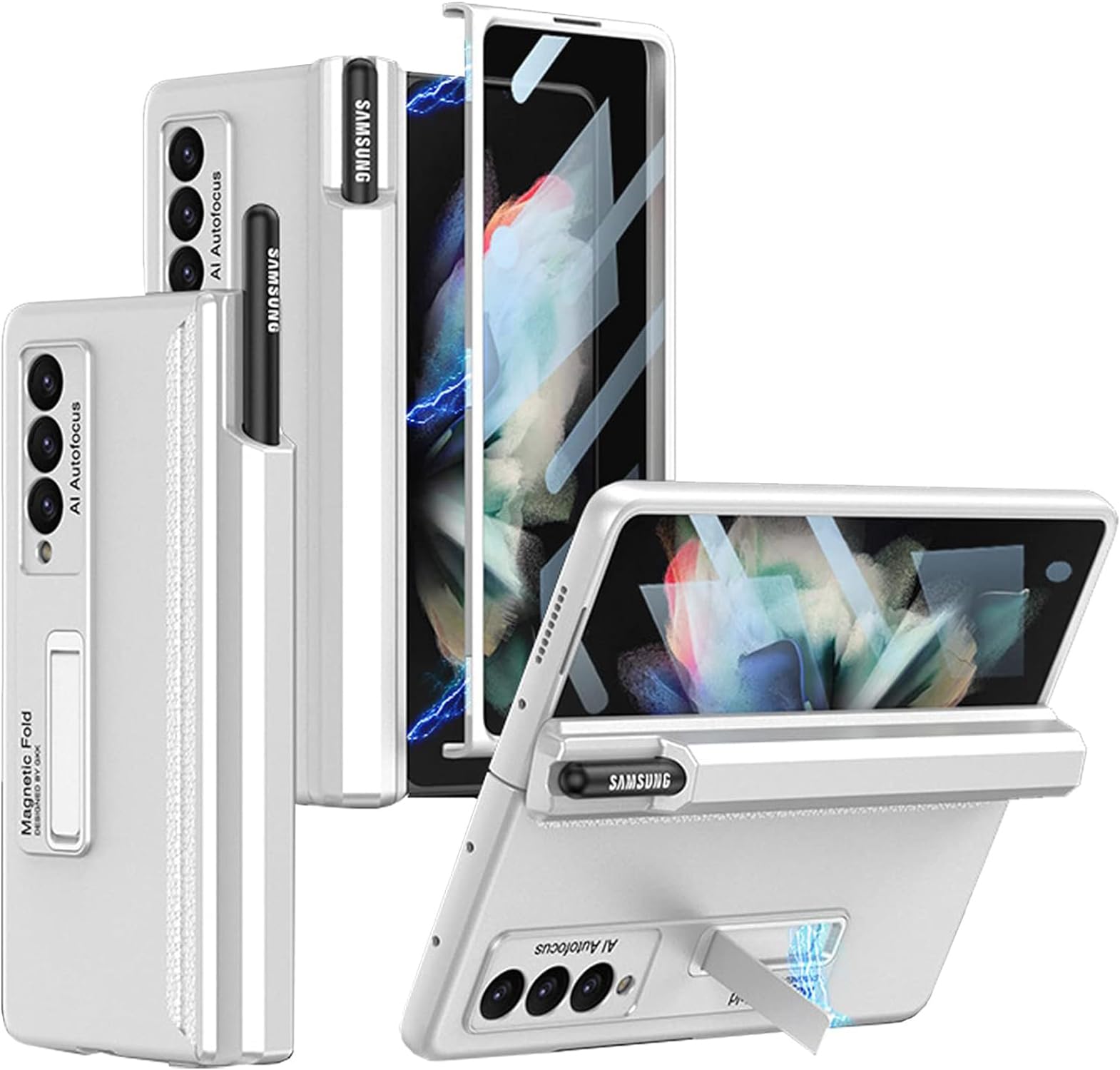 Kapa Magnetic Hinge Case for Samsung Galaxy Z Fold 3 | Inbuilt S-Pen Holder Stand Hybrid Back Cover (Silver)