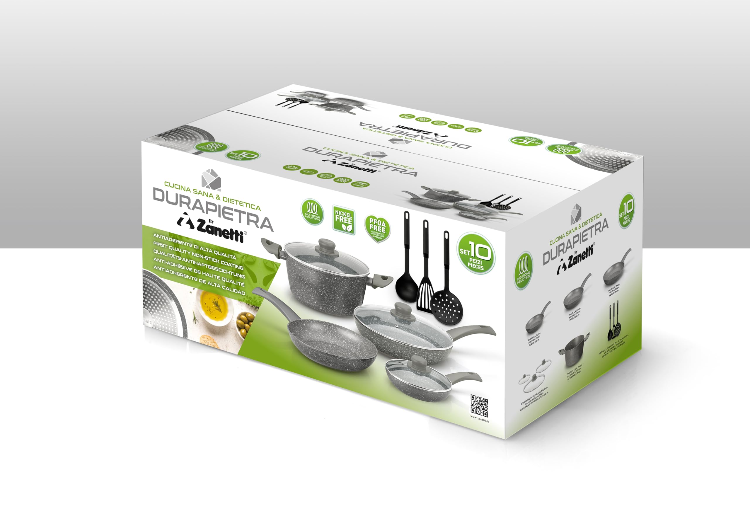 zanetti - DURAPIETRA Batteria Pentole a Induzione 10 pz, 3 Padelle 20, 24, 28 cm, 3 Coperchi, Casseruola 24 cm, Pala Fritto, Schiumarola e Mestolo. Per tutti i piani cottura INCLUSO INDUZIONE.