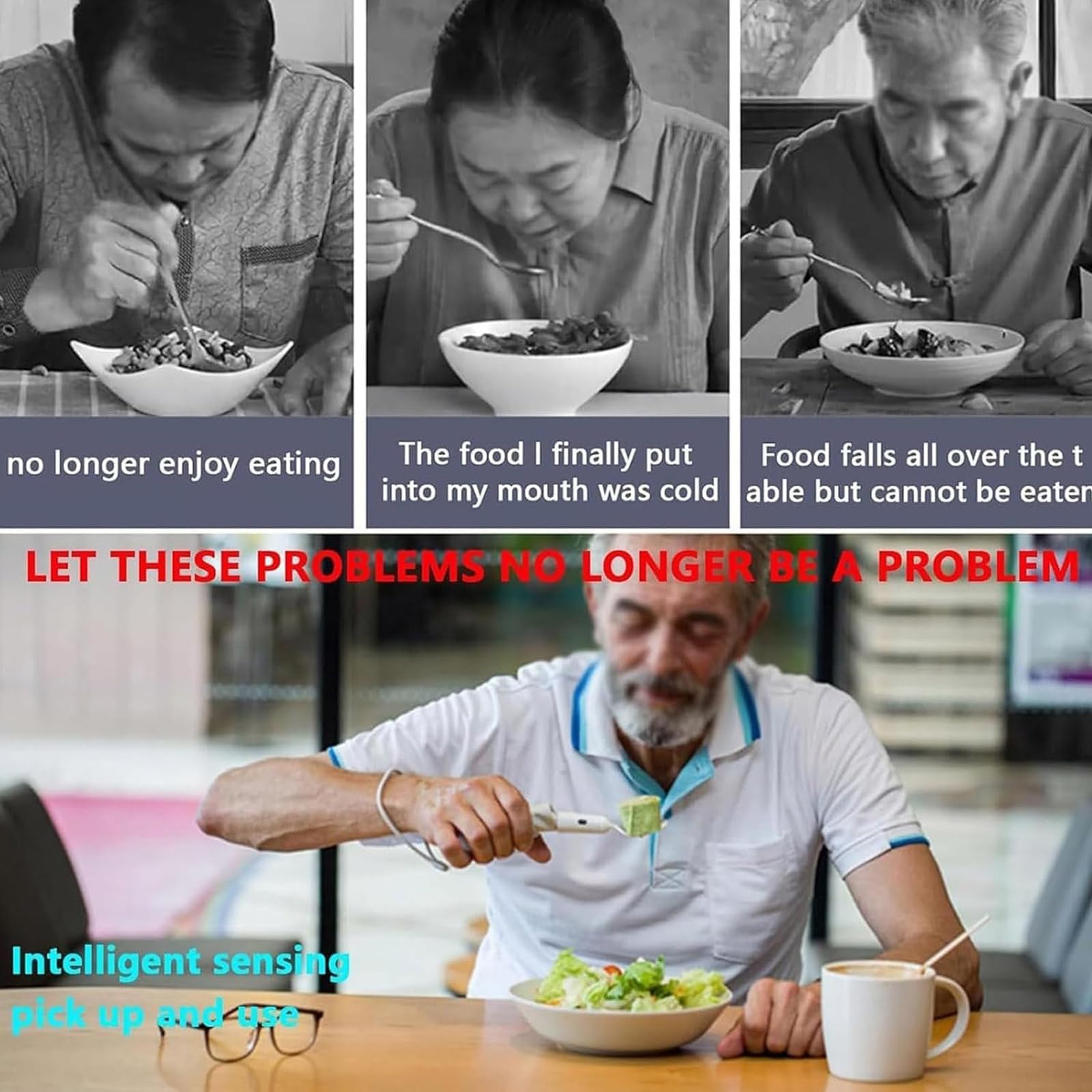 Cuchara estabilizadora de temblor – Cubiertos de asistencia autoestabilizadores para Parkinson, temblores esenciales, artritis y ancianos con soporte en tiempo real y datos visuales