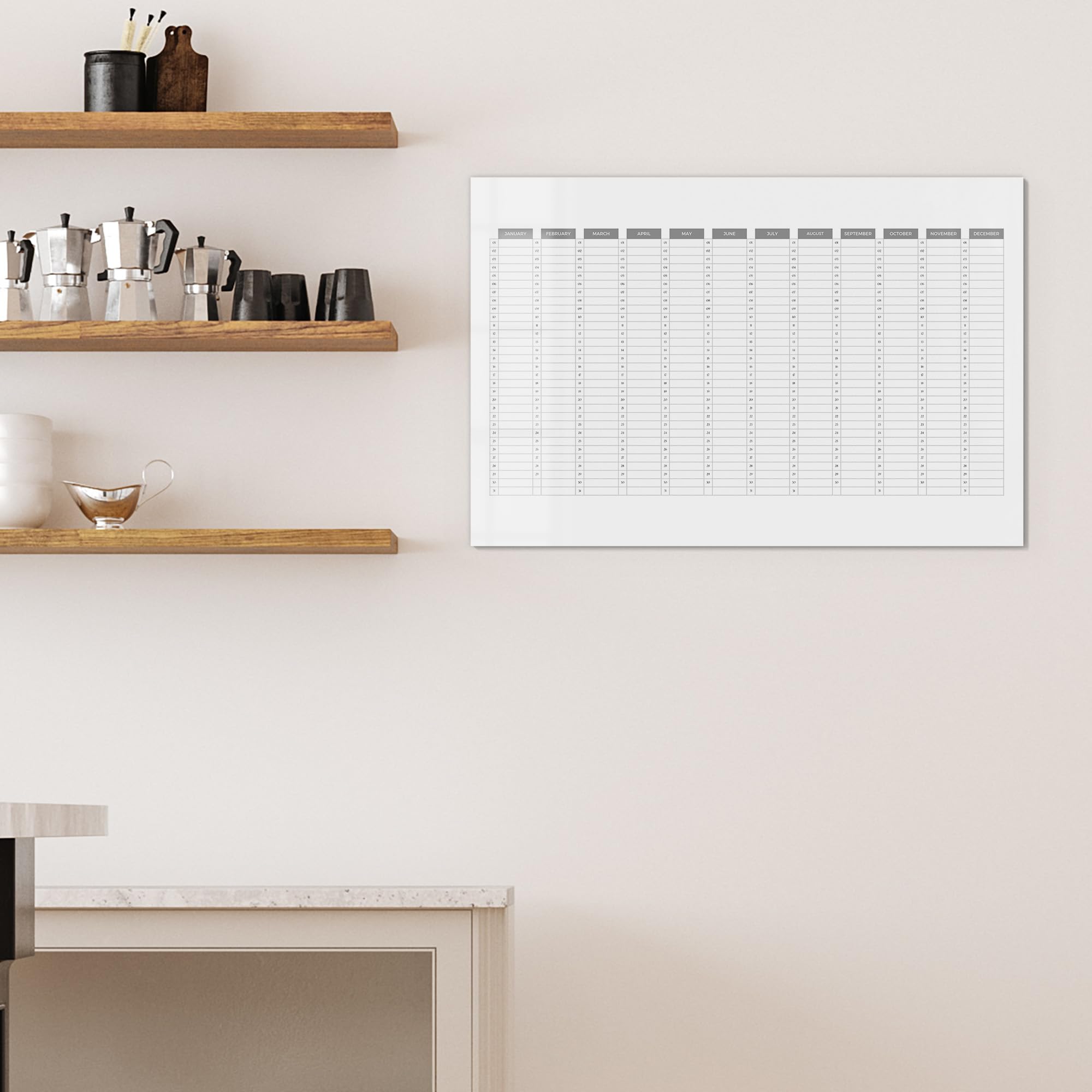 DEQORI Lavagna magnetica in vetro | 90 x 60 cm | motivo "Planner annuale bianco (EN)" | Lavagna magnetica con magneti, penna e panno per cucina e ufficio, lavagna magnetica e scrivibile