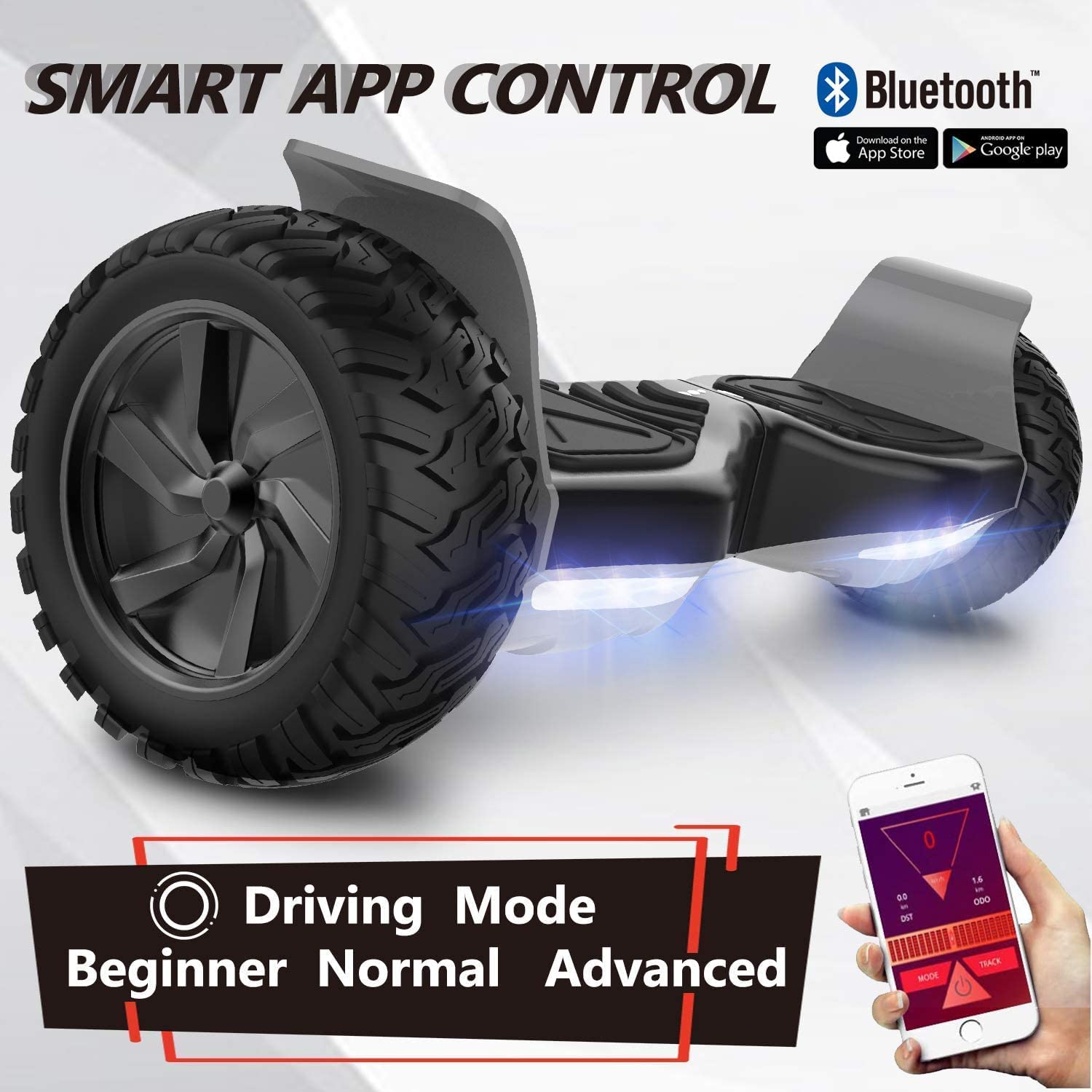 GeekMe Hoverboard SUV Tout-Terrain 8,5 Pouces, Application Mobile, Haut-Parleur Bluetooth, Double Moteur, Lumières LED, Enfants et Adultes