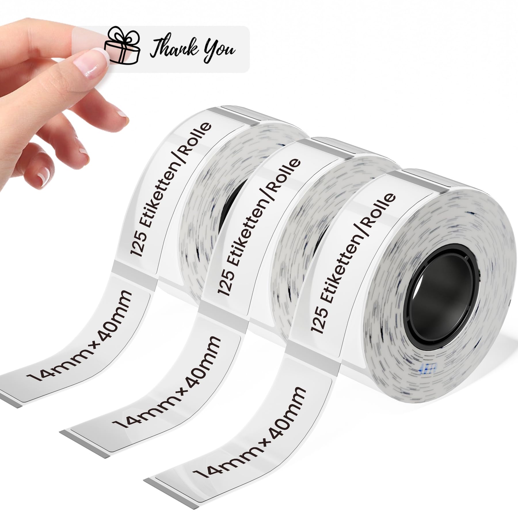 D30 Label Maker Tape, Compatible for D30 D10 Q30 Q31 Label Maker, Black on Transparrent Self-Adhesive Thermal Paper, 14 x 40 mm (0.55 x 1.57 Inch) 125 Tapes/Roll, 3-Roll