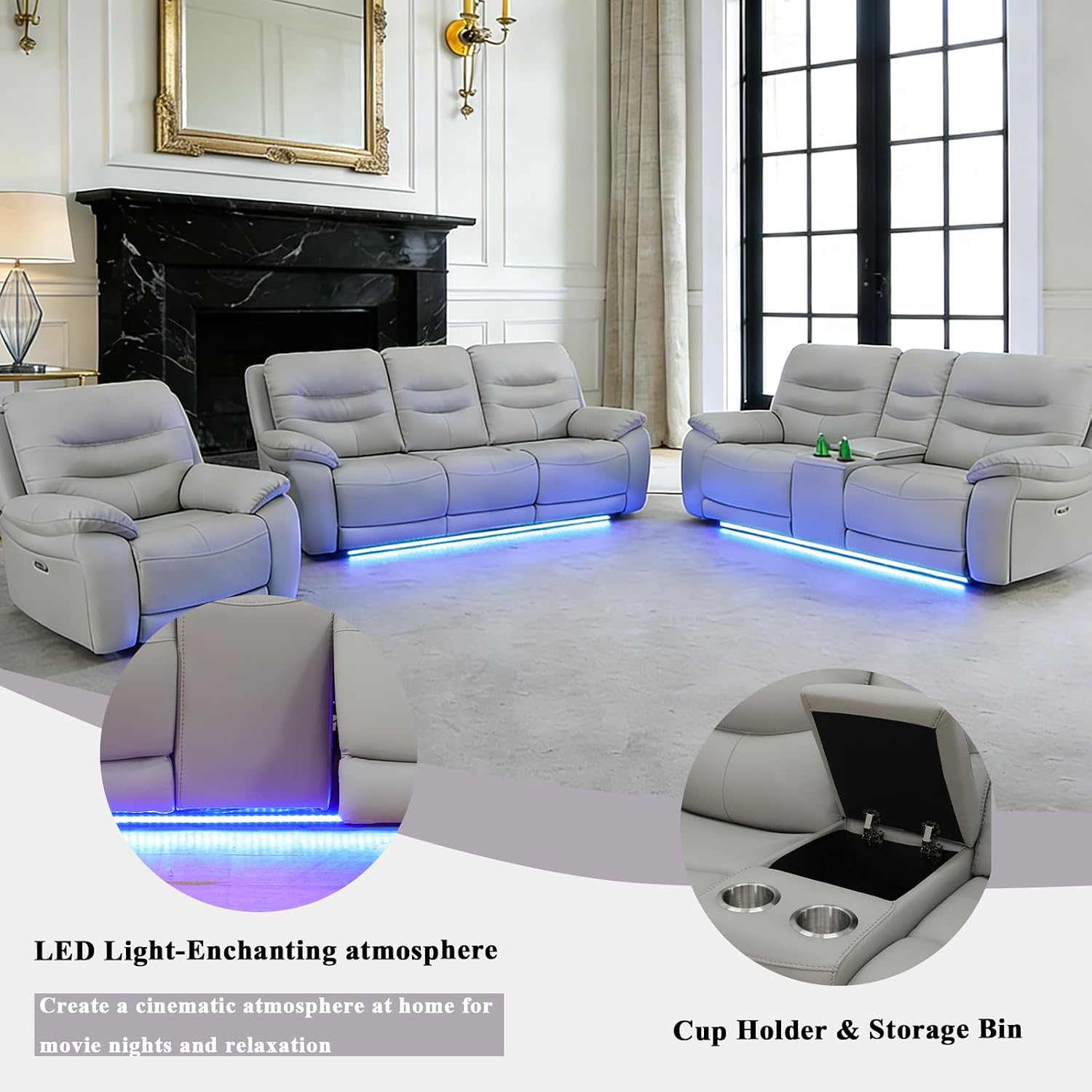 3-Piece Power Recliner Sofa Set, Breathing Leather Sofa Set, Living Room Furniture Sets with Storage Console/Cup Holder/LED Light/USB Port for Apartment, Office（Light Grey）
