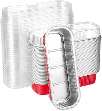 50pcs Mini Disposable Foil Rectangle Baking Cups 6.8 oz 6.5 x 2.6 x 2 Inch Aluminum Loaf Pans with Lids for Baking Red