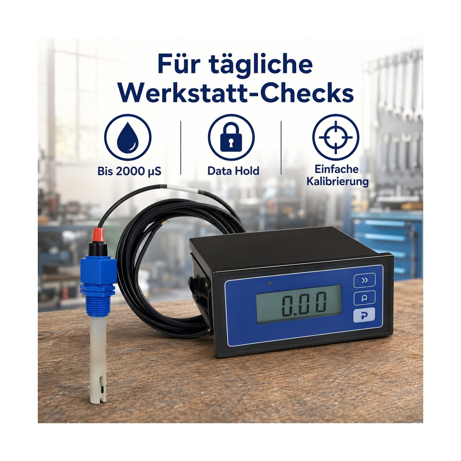 Leitfähigkeitsmessgerät 2000 µS mit Data Hold Breiter Messbereich bis | Für Werkstatt und industrielle Anwendungen, mit Ein-Tasten-Kalibrierung, tragbarem Design und leicht reinigbarer Sonde
