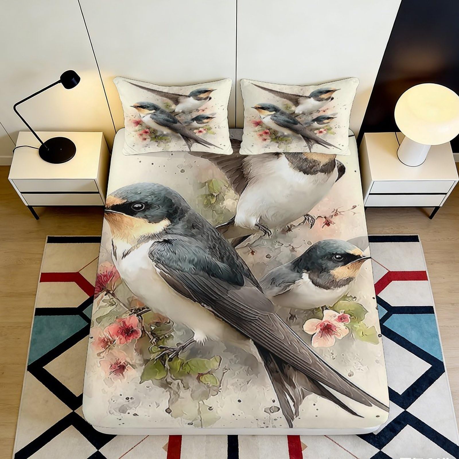 3D Printed Swallow Bird Fitted Sheet Microfiber Soft Bedroom Decor Floral Bed Cover for Home Guest Room Dorm 90x200x25cm