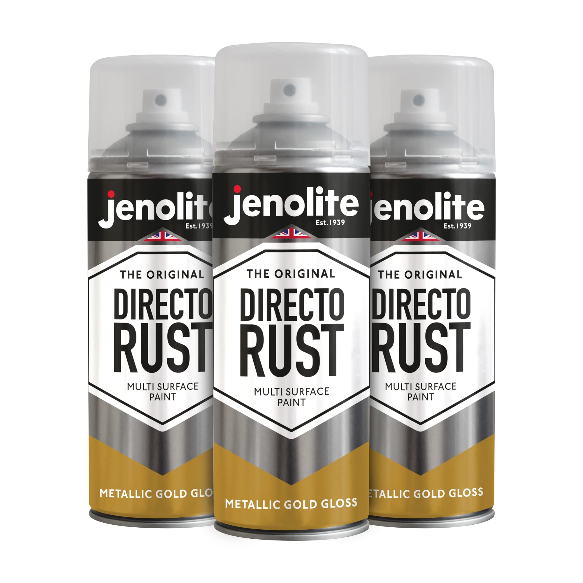 Jenolite Gold Directorust Metallic Gloss Spray Paint | | 3X400ml | Multi-Surface Spray Paint For Metal, Wood, Plastic | All-In-Oneprimer, Undercoat And Topcoat | Interior & Exterior