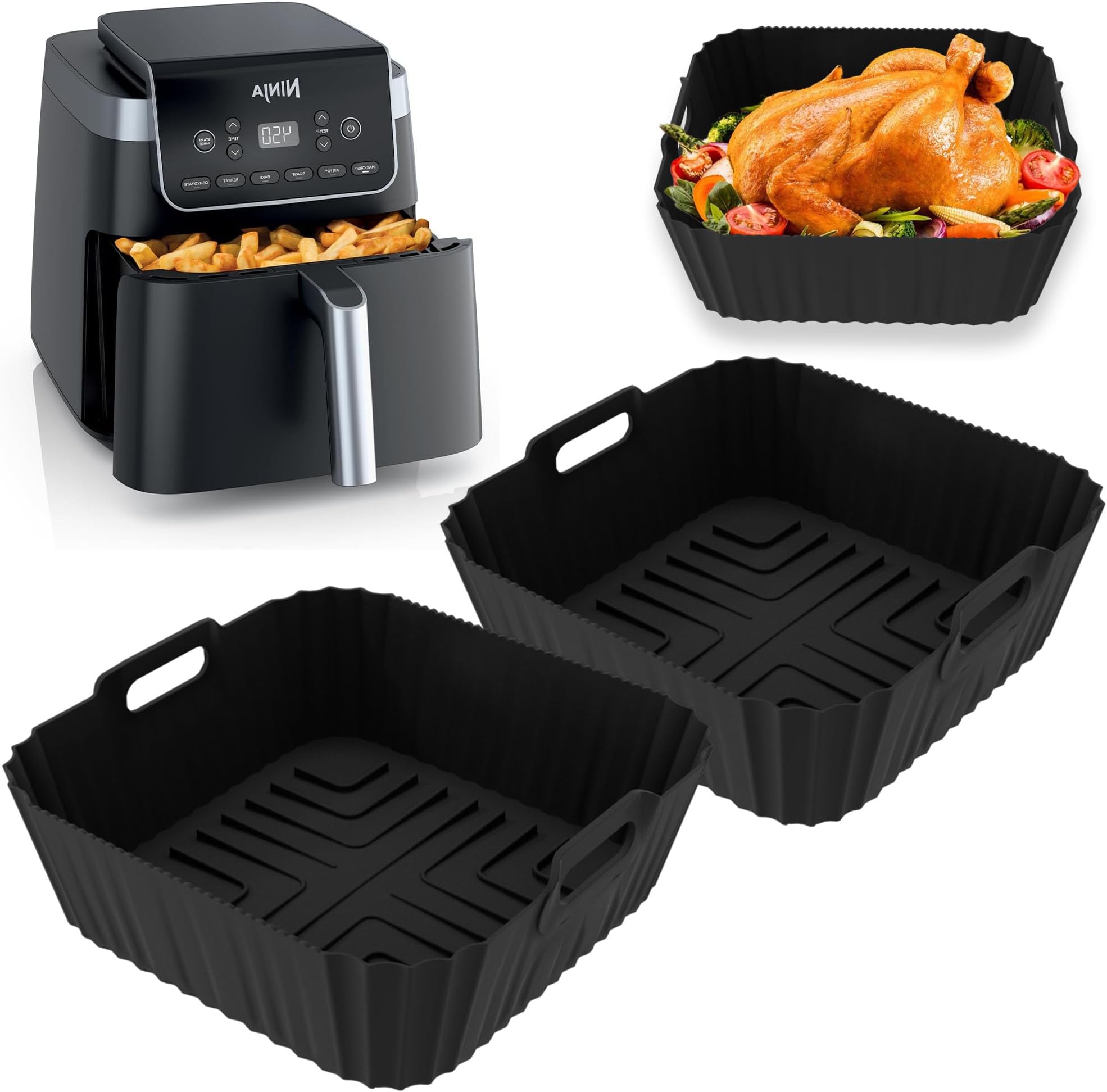 2PCS Air Fryer Silicone Liners for Ninja Air Fryer PRO 4.7L, 6.2L, Dual Air Fryer Silicone Liners Reusable Air Fryer Accessories for Ninja AF140UK AF180UK (Black)