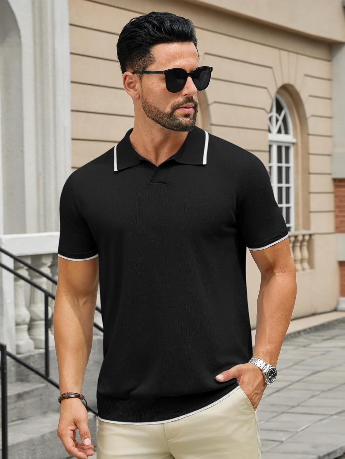 Hardaddy Men's Short Sleeve Knit Polo Shirts V Neck Color Block Lightweight Casual Collared Golf Shirt - Image 3