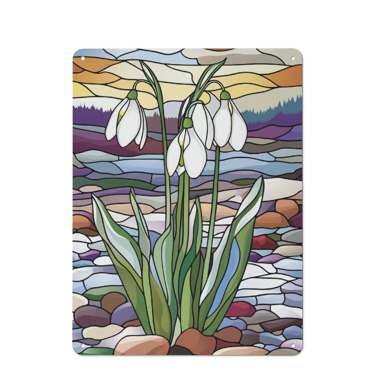 Junmoney Snowdrops In Stained Glass Tin Wall Plaque 40X30cm With For Garage Or Workshop, For An Autumn Wall Display In Garage And Workshop