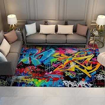 Modern Art Graffiti Small Rug 3x4 - Colorful Game Theme Large Area Rug Teenage Fun Stylish Room Decoration Soft Lightweight Door Mat