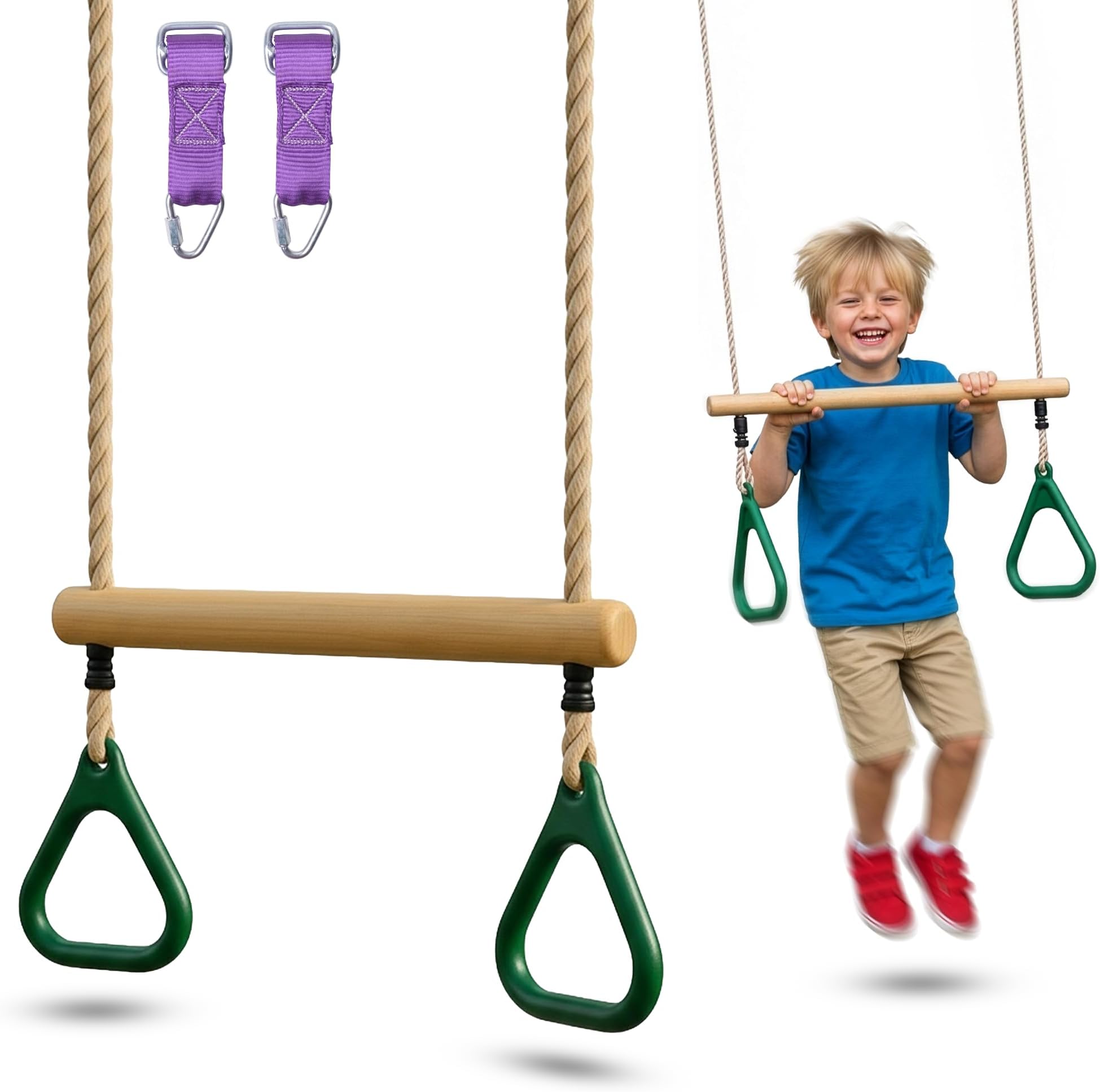 Trailblaze Wooden Trapeze Swing Bar for Kids - 18" Adjustable Height Monkey Bars Rings Swingset Accessories - Ninja Warrior Obstacle Course for Kids - Jungle Gym Accessories Playground Attachments