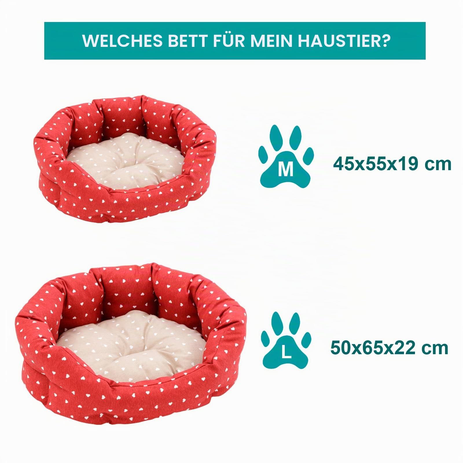 Baroni Home Hundebett aus Stoff, Größe M, weiches rundes Hundematte für Hunde und Katzen, bequem, für Schlafzimmer Wohnzimmer Flur, waschbar (45x55 cm, Beige und Rot mit Herzen)