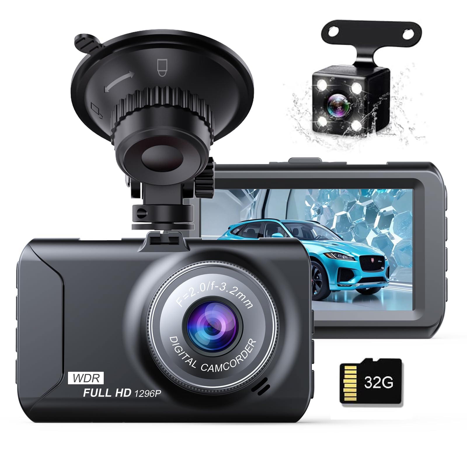 ドラレコ 車用 ドライブレコーダー 前後 2カメラ 3インチドラレコ 小型 ドラレコ 300万画素 1296P 170度超広角 32GBカード付き HDR/WDR画像補正技術 エンジンON/OFF 自動緊急録画 リバース連動 上書き録画 全国LED信号機対策 高速録画 操作簡単 日本語説明書
