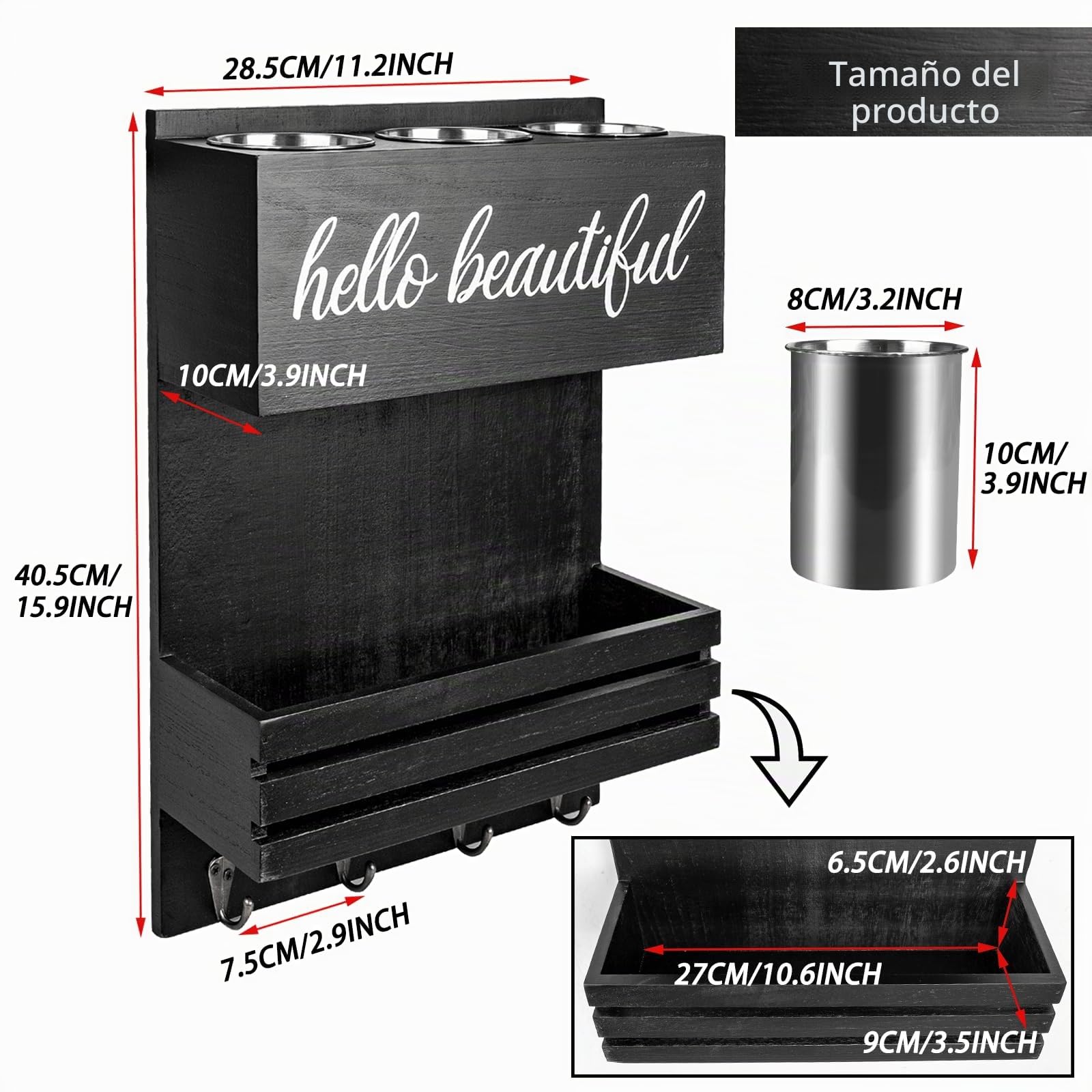 Portasecador de Pelo Madera - Organizador 2 Niveles para Planchas y Cosméticos del Baño,Organizador de Herramientas para el Cabello, Montaje en pared o Mostrador (Negro)