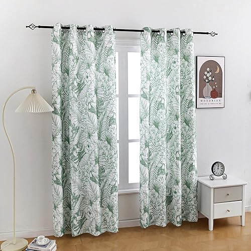 Vista 32 de Autumn Dream Cortinas opacas blancas con ojales en la parte superior, hojas pastorales de microfibra, flamenco floral, cortinas de granja para sala