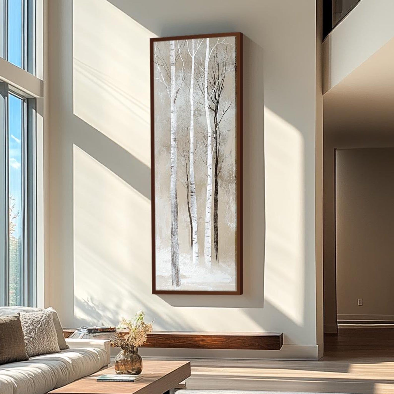 XINBAO Tall Thin Nature Wall Art, Long Vertical Birch Tree Canvas Print for Bedroom Decor, Long and Narrow Birch Tree(35x105cm/Frameless)
