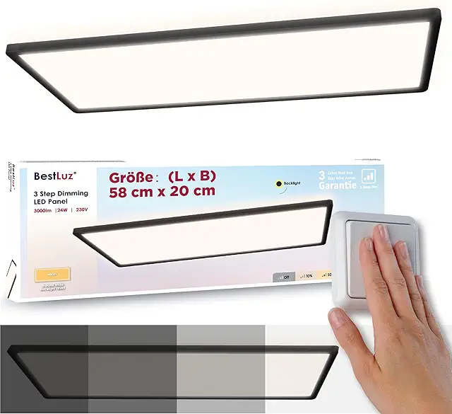 LED Panel Deckenlampe 58x20cm Schwarz Dimmbar Ultra Flach 24W