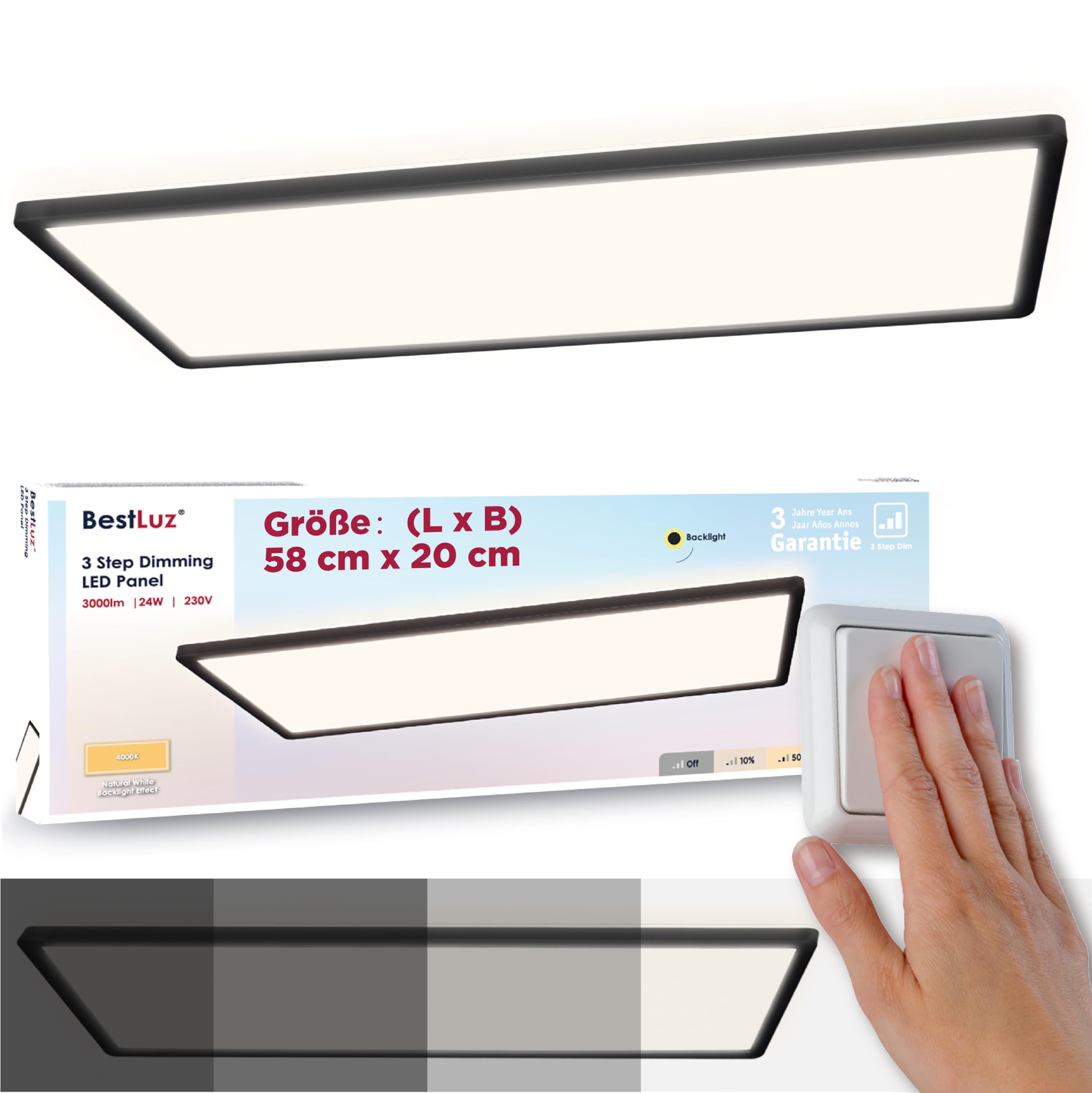 BestLuz LED Plafonnier Plat Rectangulaire 58x20CM 24W 3000LM Trois Niveaux Gradation Noir LED Panneau Blanc Neutre 4000K Avec Effet de Rétroéclairage Salle de Bains Chambre Salon Cuisine Ultra Mince