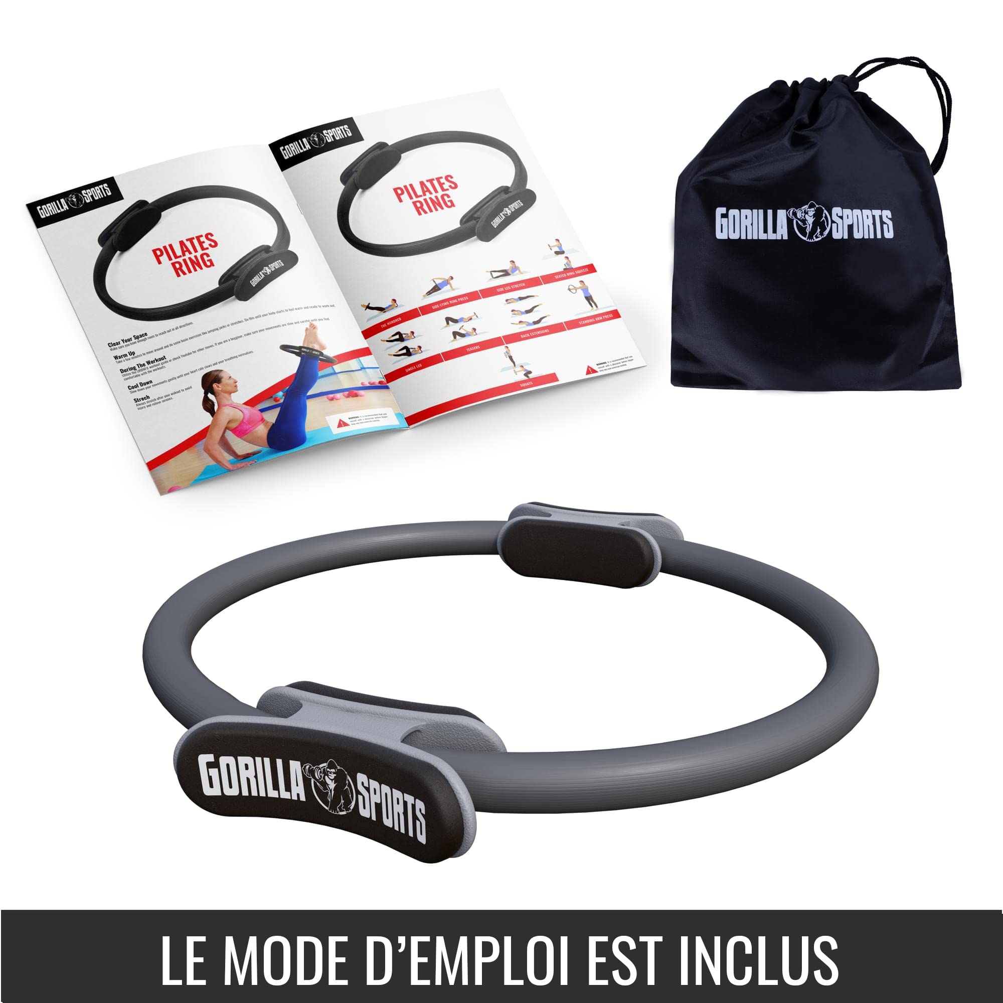 GORILLA SPORTS® Anillo de pilates, 36 cm, doble agarre, antideslizante y superligero, póster de entrenamiento y bolsa, de goma, color a elegir