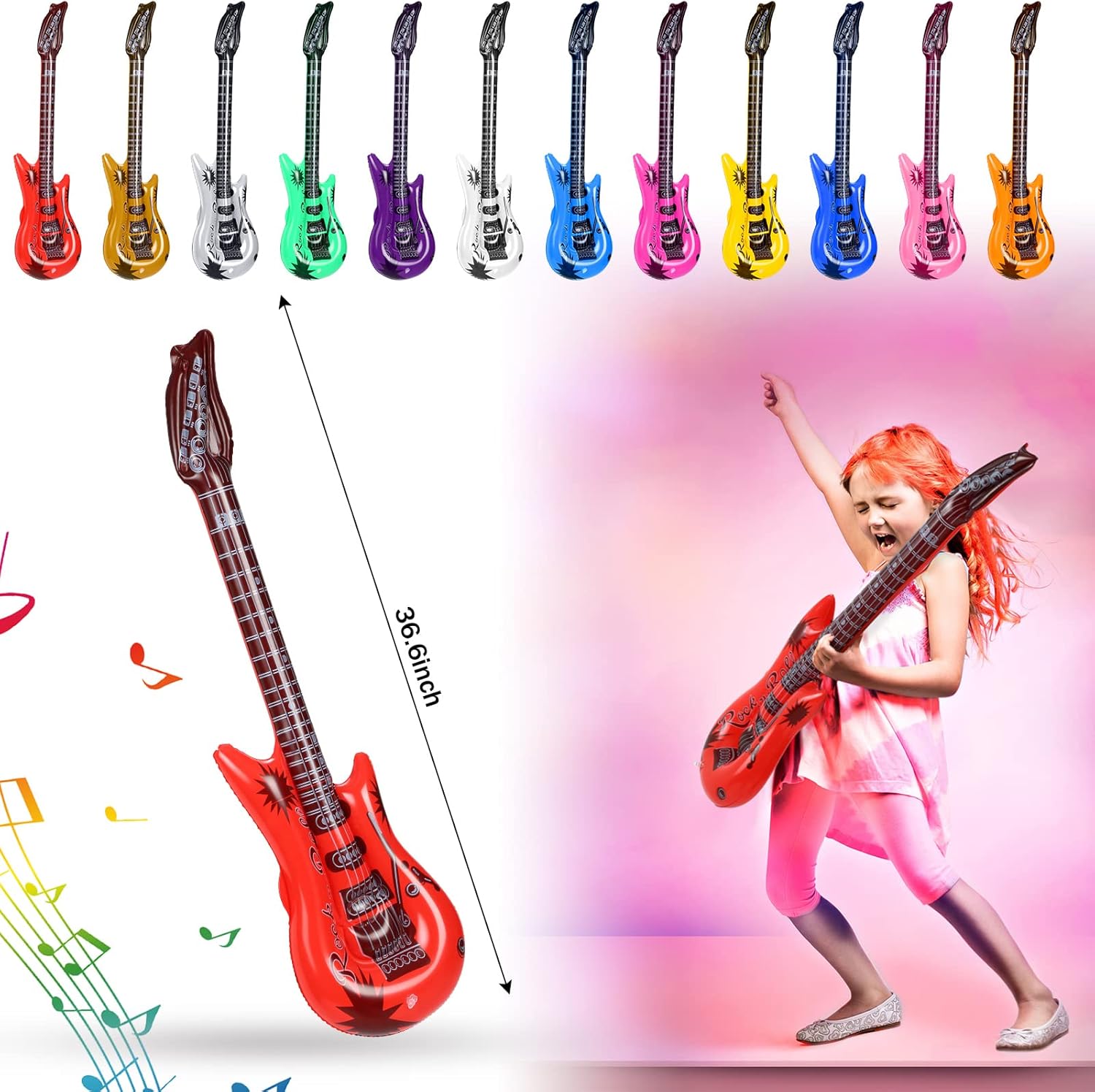 37 Pcs Inflatable Rock Star Instrument Set, 12 Blow up Guitar 36 Inch 12 Inflatable Microphone 12 Bass with a Pump for 80s Themed Party Carnival Birthday Party Decorations