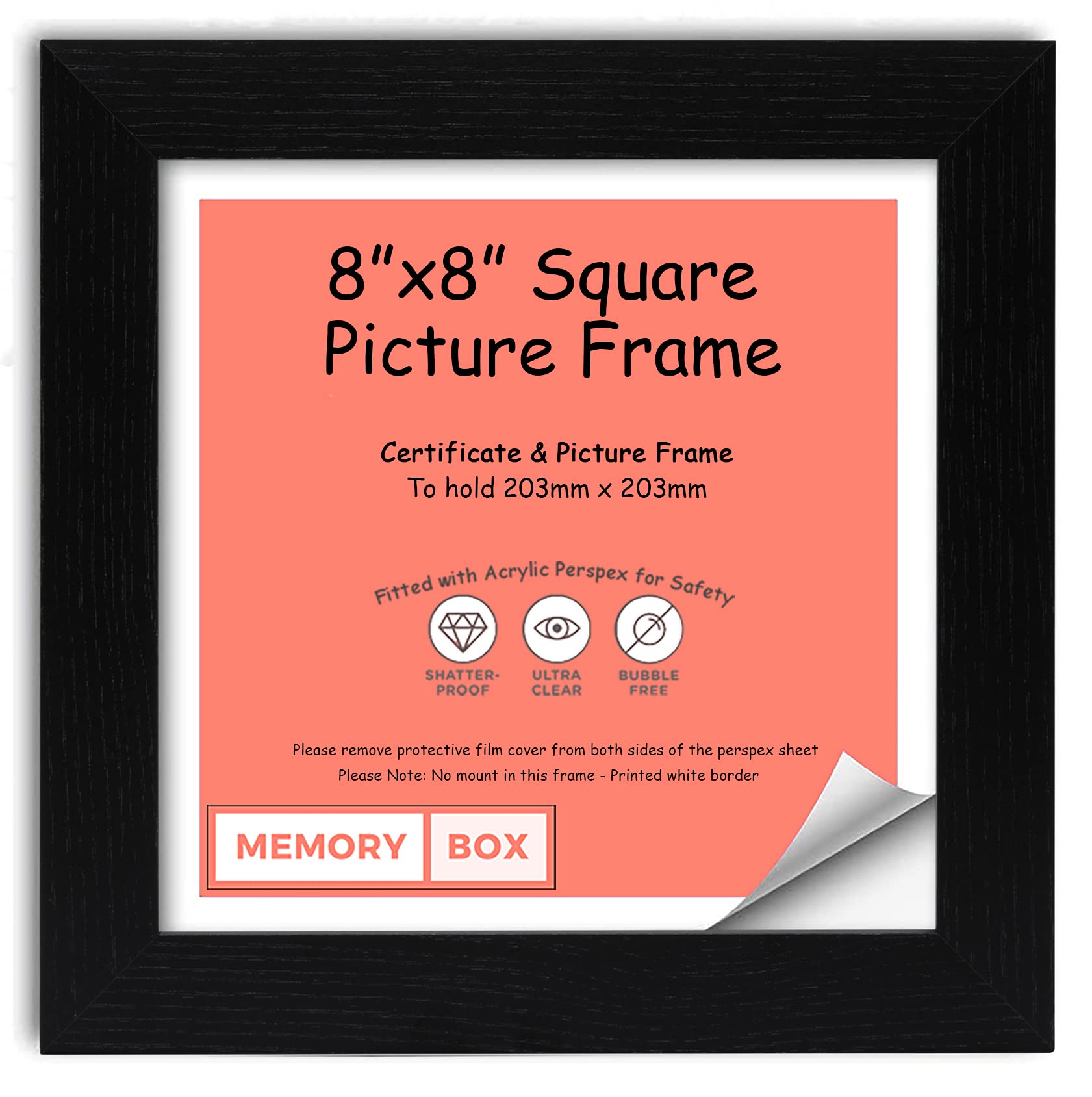 Memory Box Wrapped MDF Picture/Photo/Poster INSTAGRAM SQUARE frame with Perspex Sheet - Moulding 30mm Wide and 15mm Deep - (20.3 x 20.3cm) Black 8" x 8"