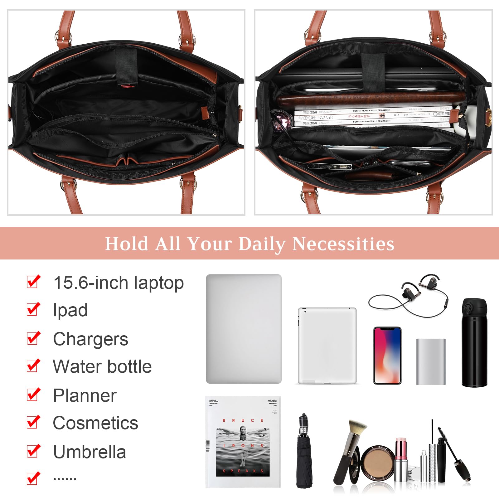 KTMOUW Shopper damska duża torba na laptopa o przekątnej ekranu 15,6", wodoszczelna, biznesowa, do szkoły, na laptopa, torba na ramię z przyłączem USB, czarny, Retro