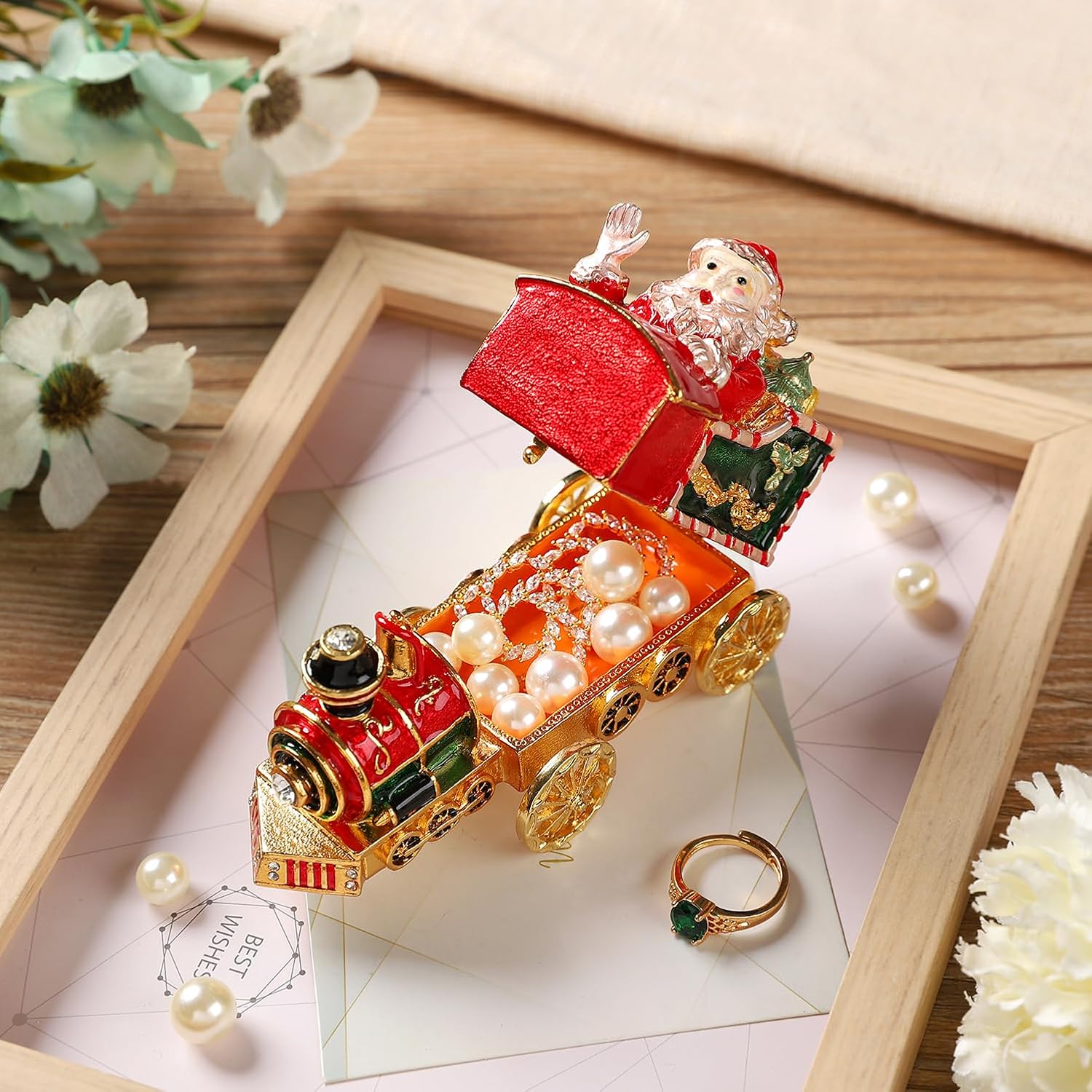 Santa Claus Steam Train Jewelry Trinket Box Hinged Enameled Hand-Painted Ornaments Christmas Gift for Home Decor (Red)