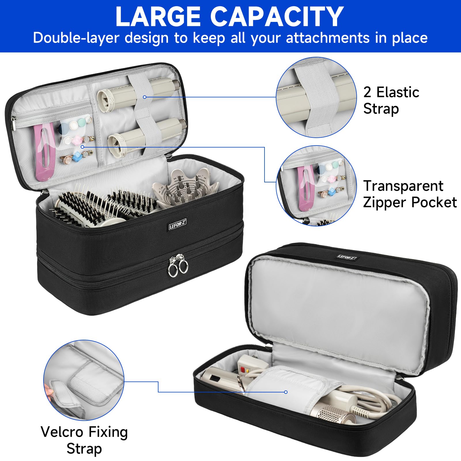 Custodia da viaggio compatibile con lo styler/asciugacapelli Shark Flexstyle, a doppio strato, compatibile con Dyson Airwrap Styler/Supersonic asciugacapelli e accessori, Nero, Compatto