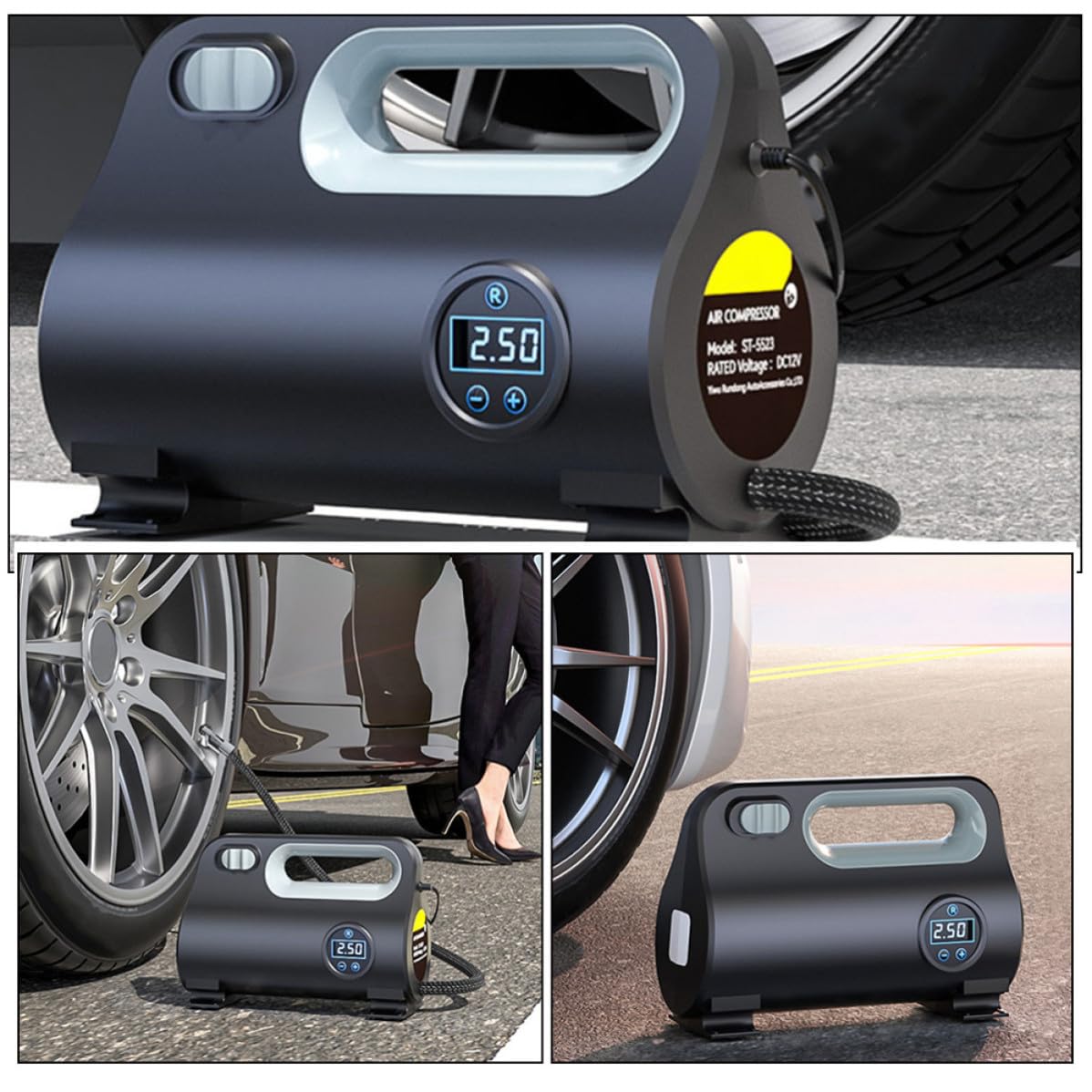 HOMSFOU Compresor de Aire Portátil para Coche y Bicicleta Pantalla Digital, Bomba de Neumáticos 120w Dc12v, Material Abs, Inflador Multifunción para Uso en Carretera
